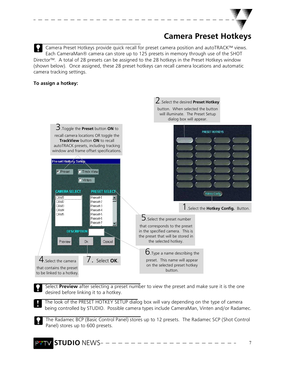 Camera preset hotkeys, Studio news | Grass Valley PVTV NEWS Rev.4.02 User Manual | Page 11 / 96