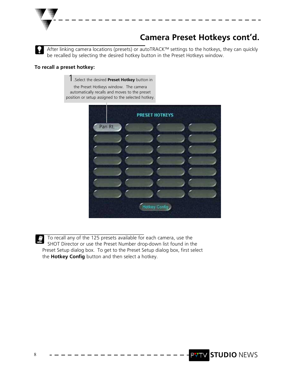 Camera preset hotkeys cont’d, Studio news | Grass Valley PVTV NEWS Rev.4.02 User Manual | Page 12 / 96