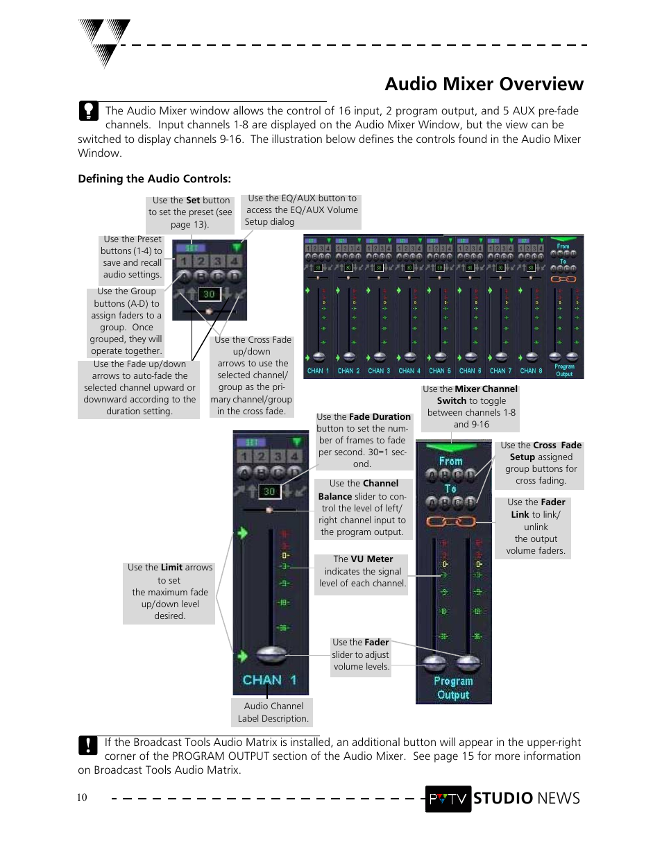 Audio mixer overview, Studio news | Grass Valley PVTV NEWS Rev.4.02 User Manual | Page 14 / 96