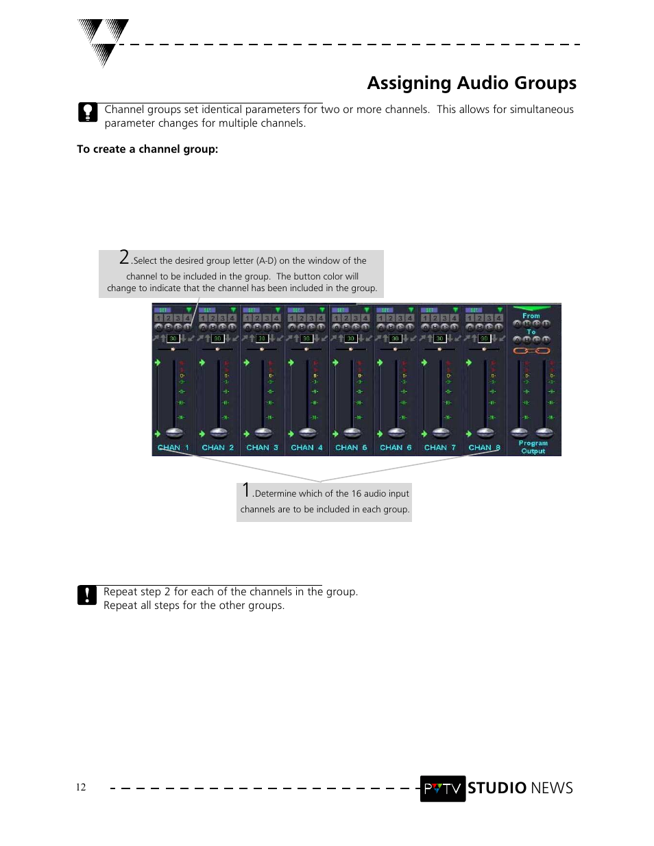 Assigning audio groups, Studio news | Grass Valley PVTV NEWS Rev.4.02 User Manual | Page 16 / 96