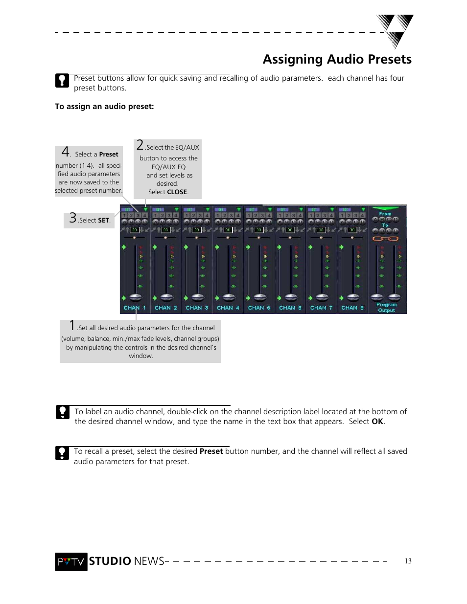 Assigning audio presets, Studio news | Grass Valley PVTV NEWS Rev.4.02 User Manual | Page 17 / 96