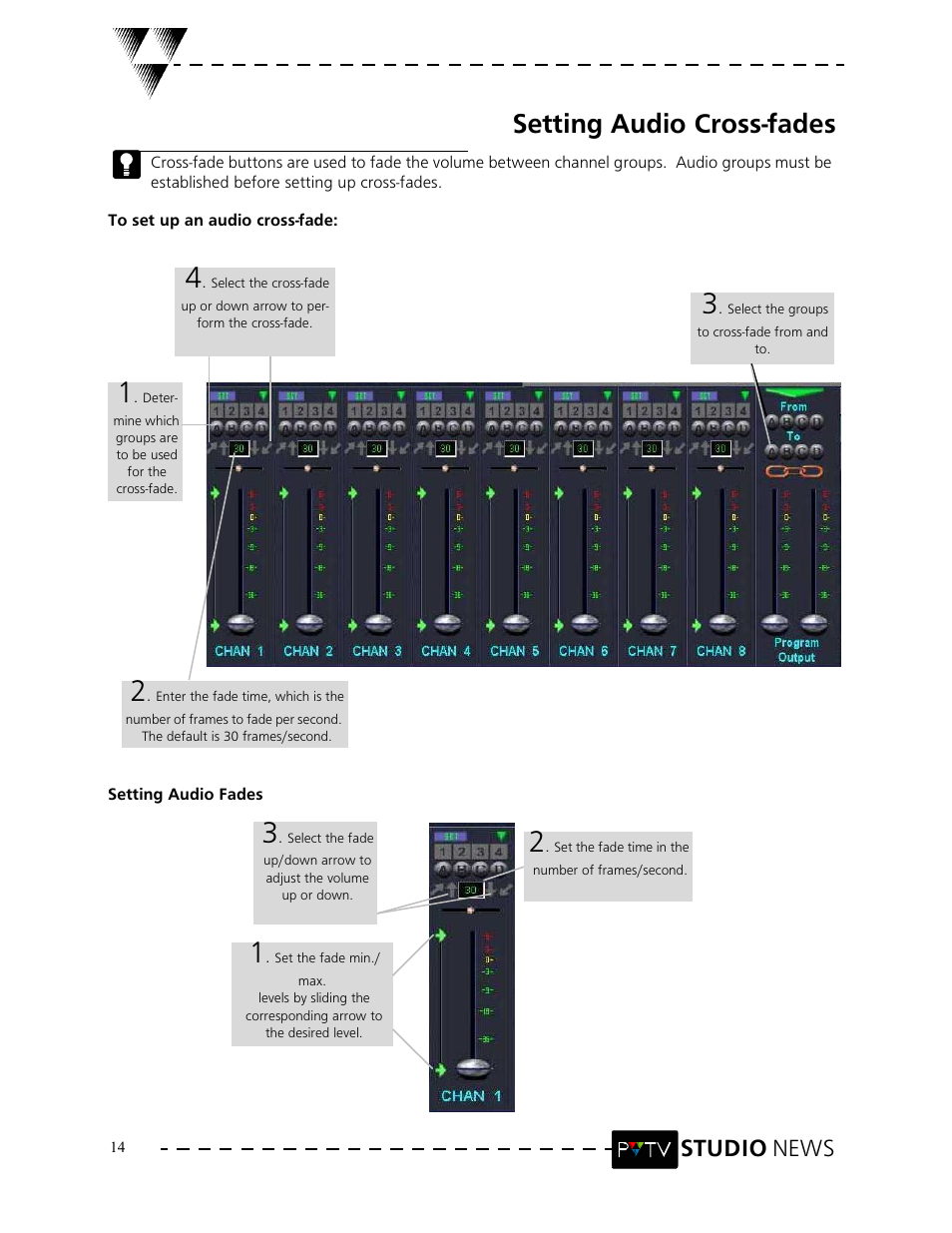 Setting audio cross-fades, Studio news | Grass Valley PVTV NEWS Rev.4.02 User Manual | Page 18 / 96