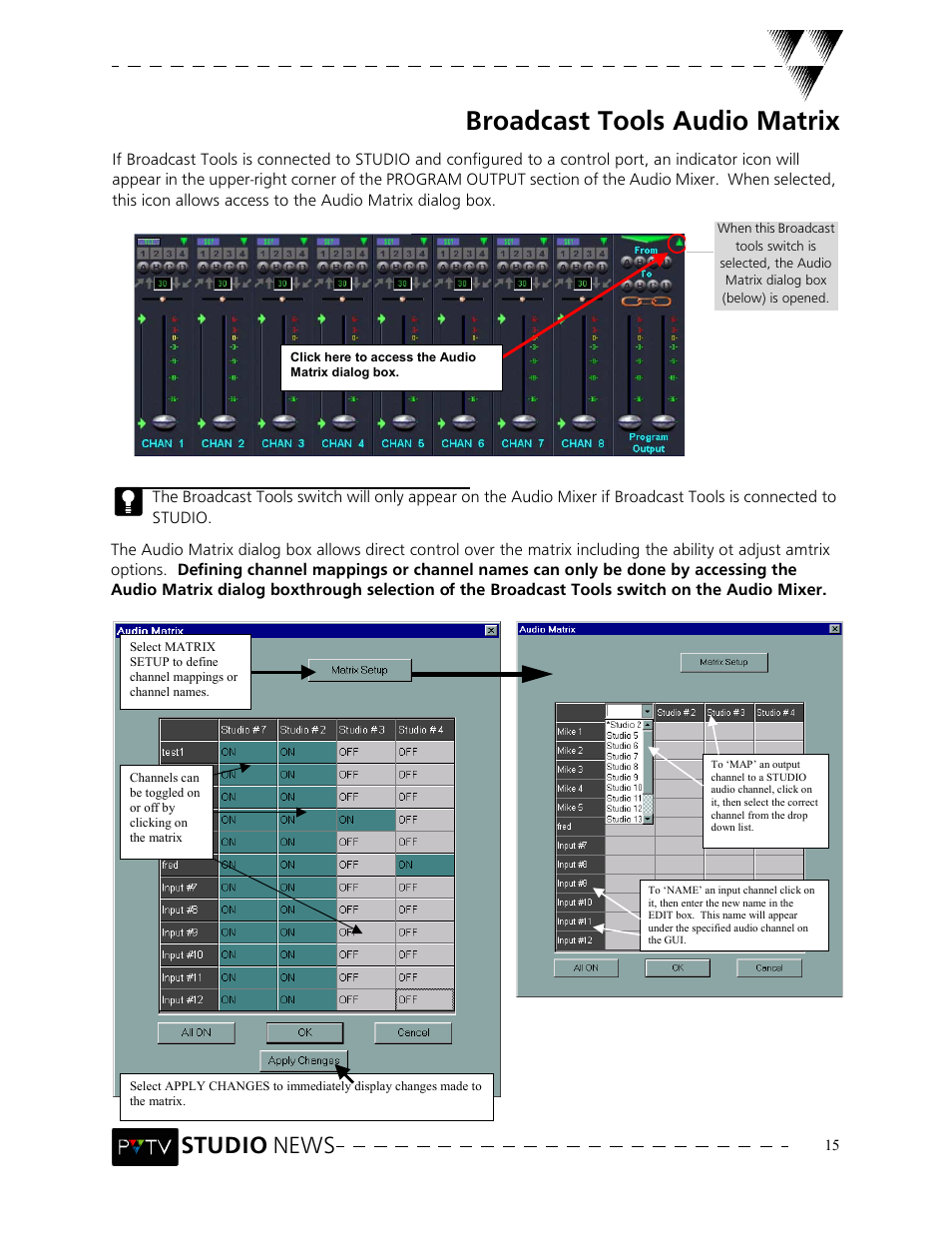 Broadcast tools audio matrix, Studio news | Grass Valley PVTV NEWS Rev.4.02 User Manual | Page 19 / 96