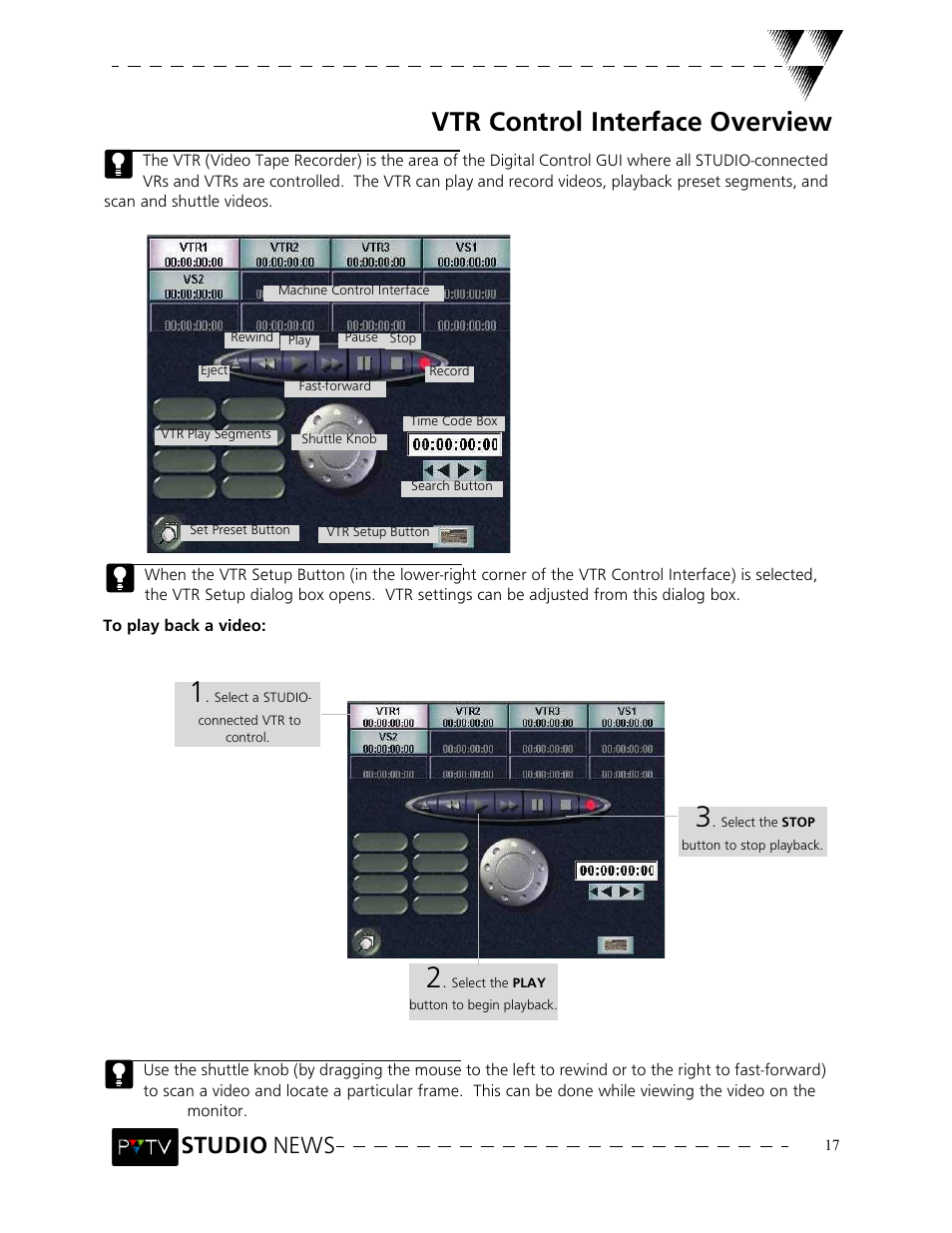 Vtr control interface overview, Studio news | Grass Valley PVTV NEWS Rev.4.02 User Manual | Page 21 / 96