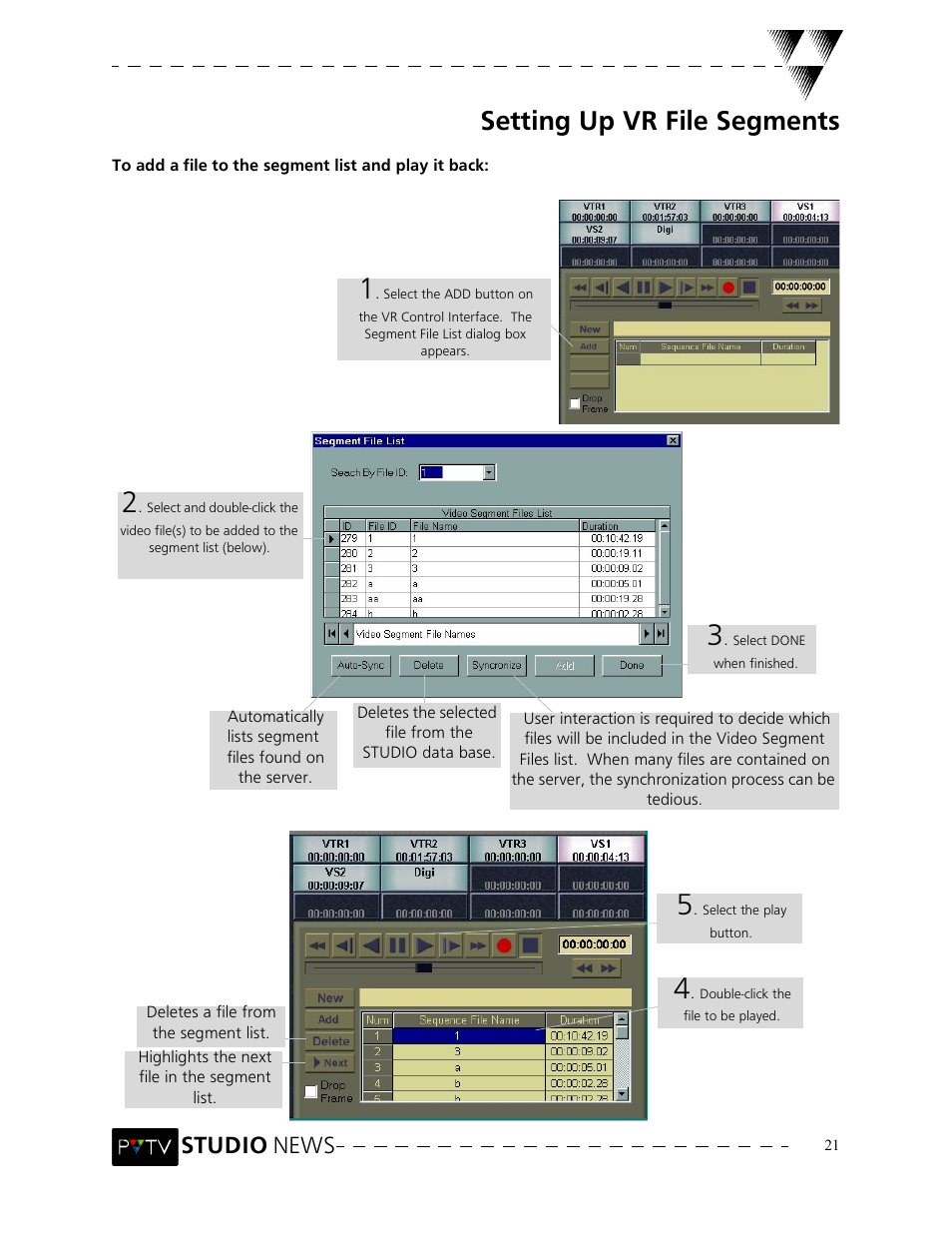 Setting up vr file segments, Studio news | Grass Valley PVTV NEWS Rev.4.02 User Manual | Page 25 / 96