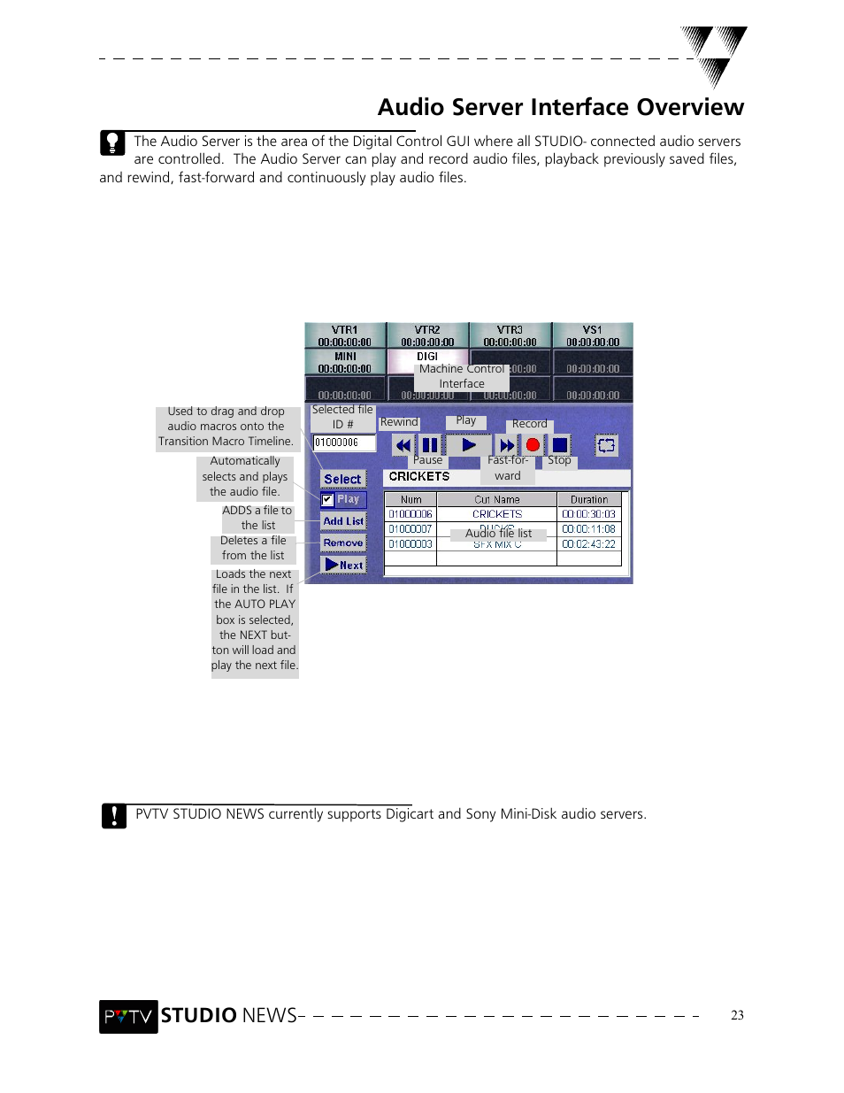 Audio server interface overview, Studio news | Grass Valley PVTV NEWS Rev.4.02 User Manual | Page 27 / 96