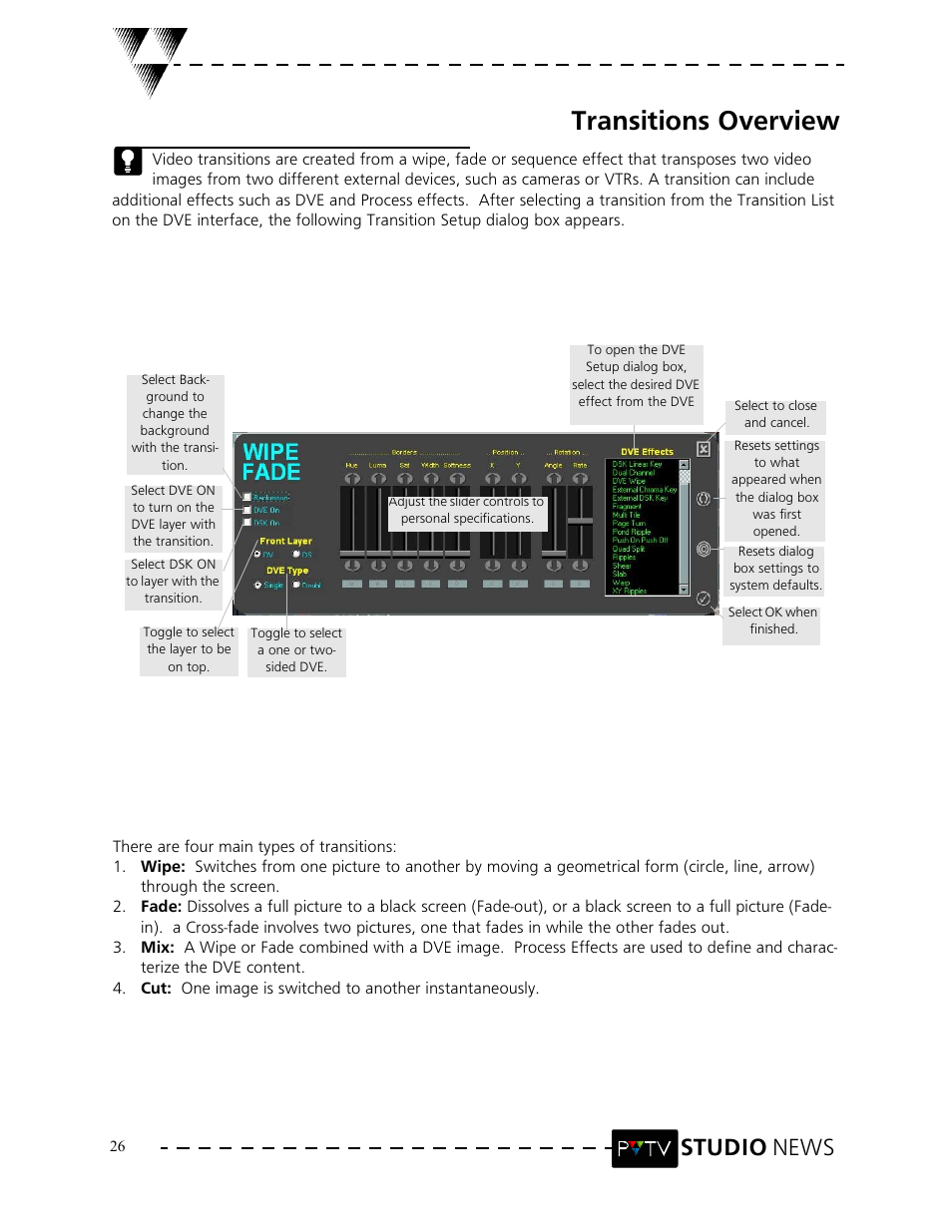 Transitions overview, Studio news | Grass Valley PVTV NEWS Rev.4.02 User Manual | Page 30 / 96