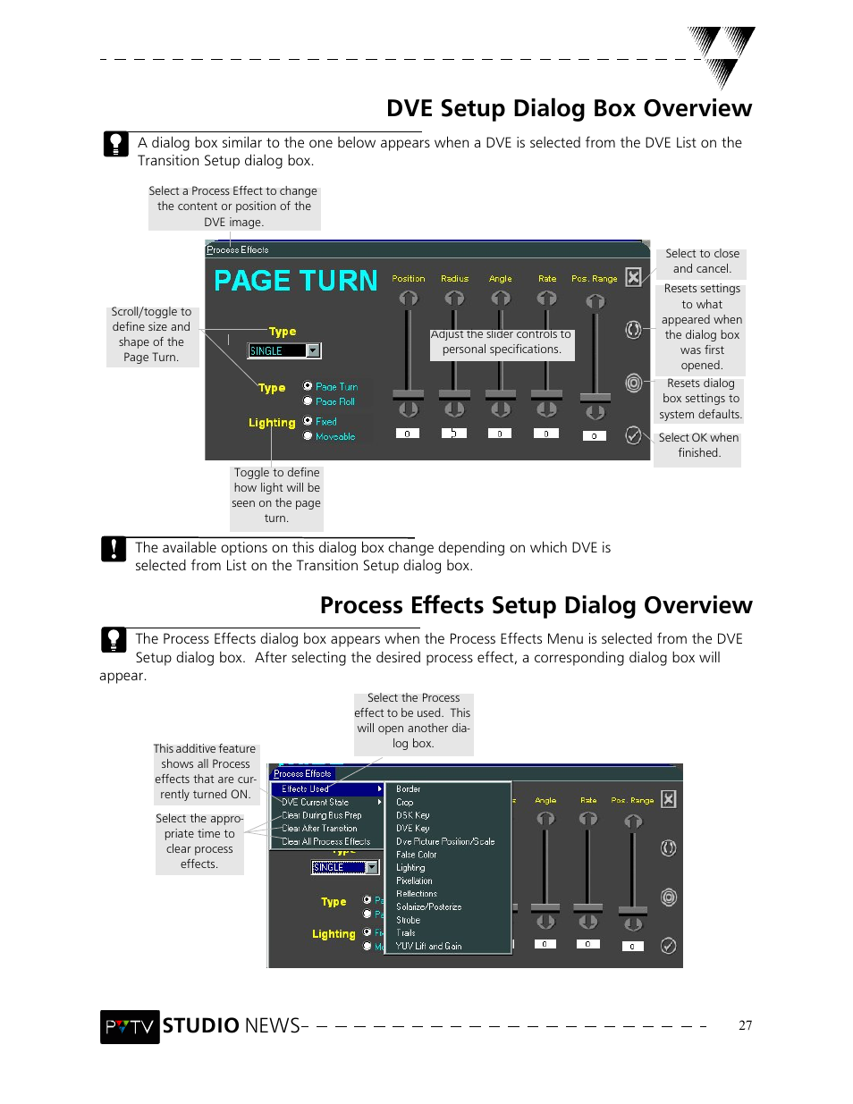 Dve setup dialog box overview, Process effects setup dialog overview, Studio news | Grass Valley PVTV NEWS Rev.4.02 User Manual | Page 31 / 96