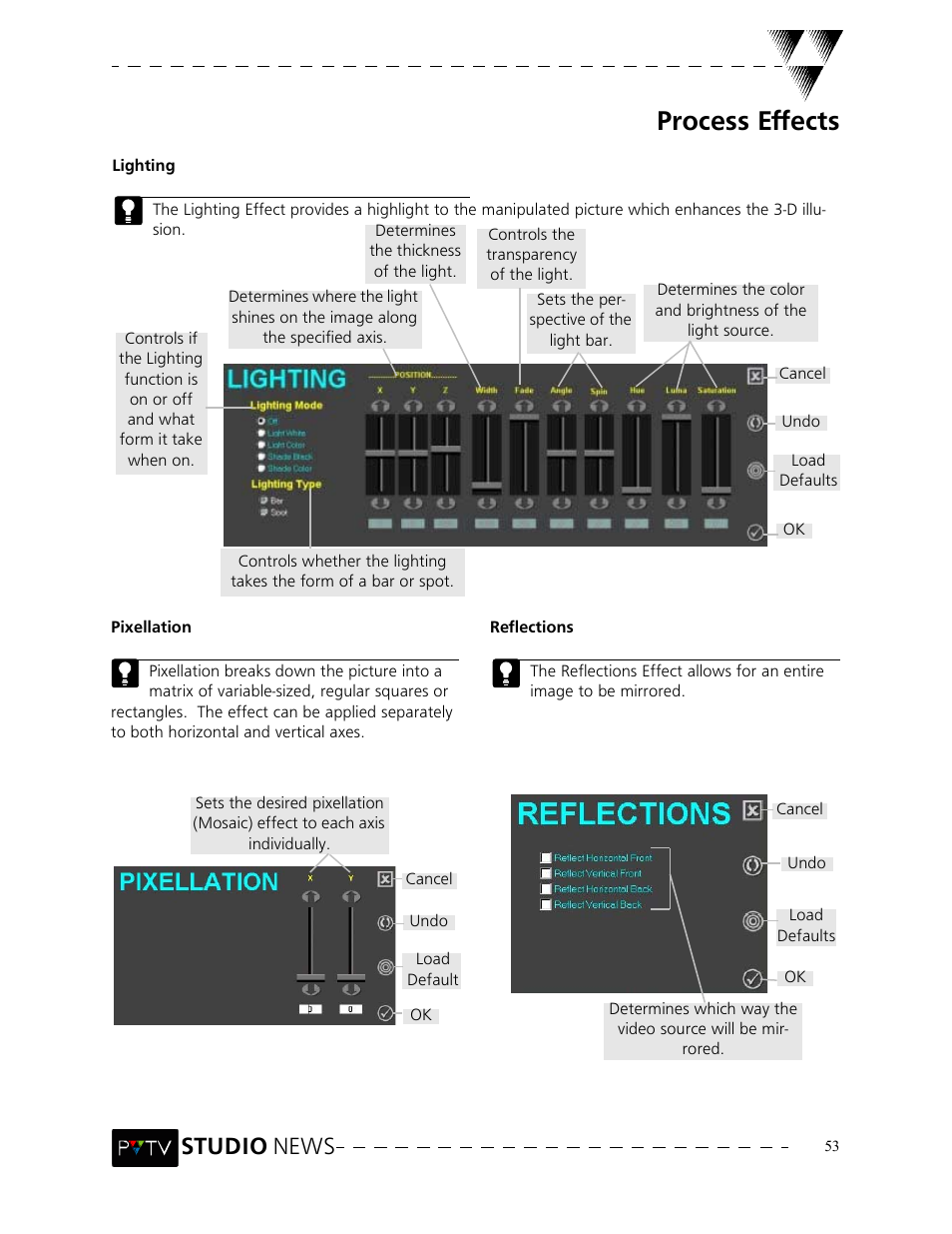 Process effects, Studio news | Grass Valley PVTV NEWS Rev.4.02 User Manual | Page 57 / 96