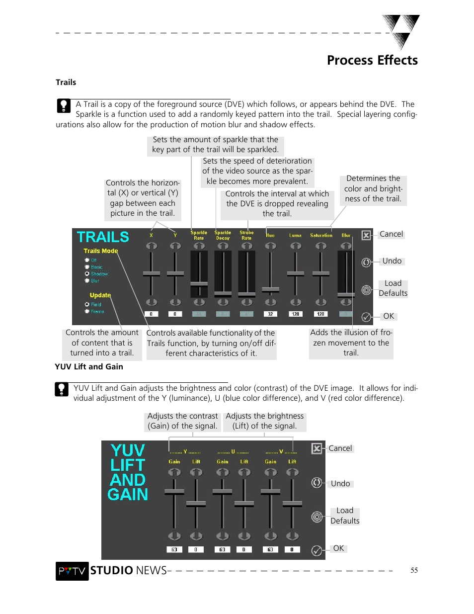 Process effects, Studio news | Grass Valley PVTV NEWS Rev.4.02 User Manual | Page 59 / 96