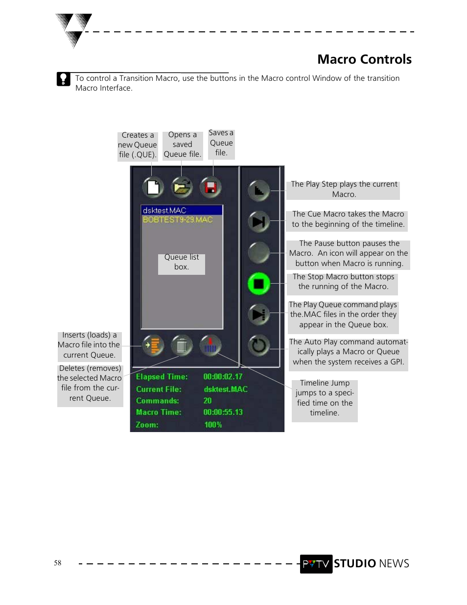 Macro controls, Studio news | Grass Valley PVTV NEWS Rev.4.02 User Manual | Page 62 / 96