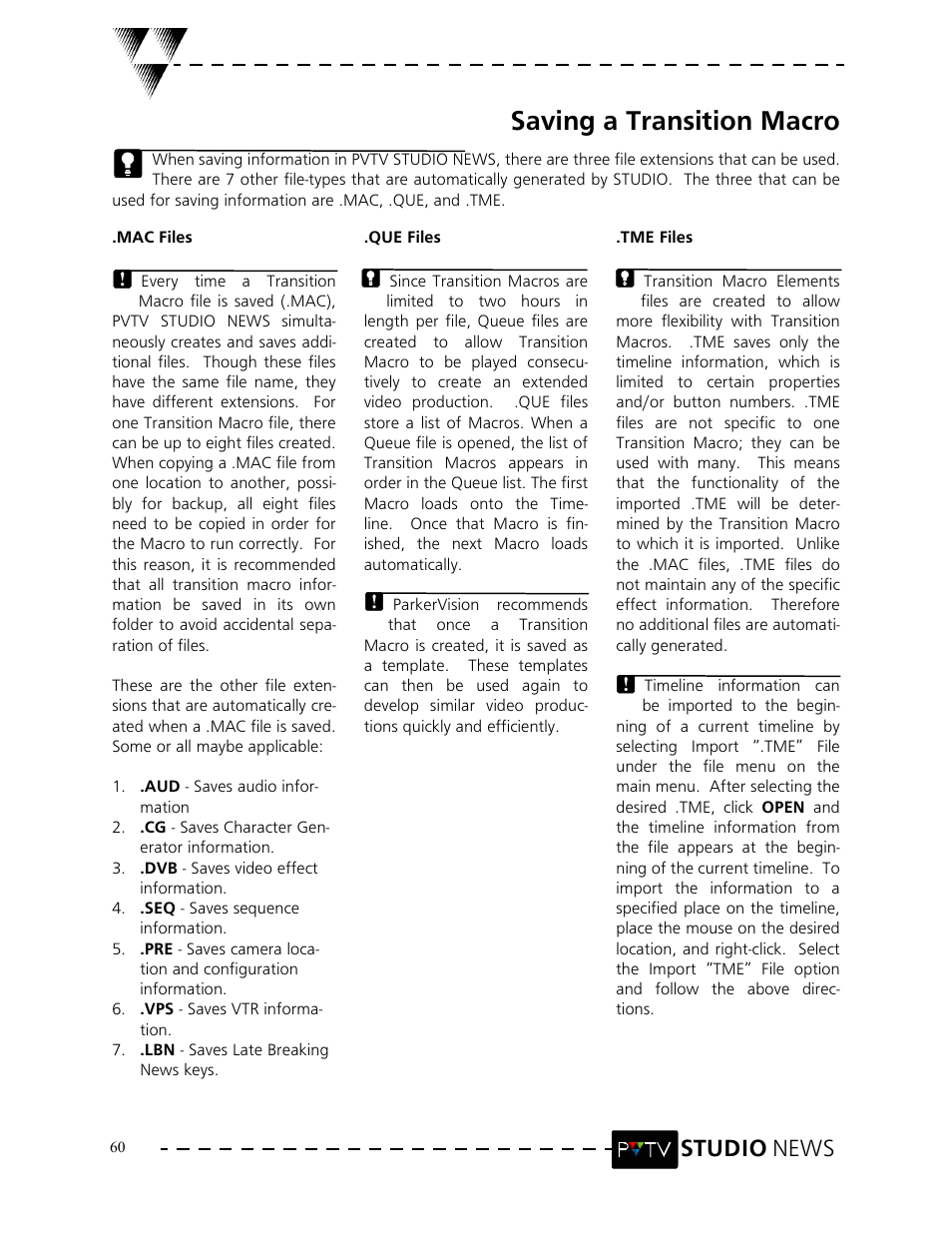 Saving a transition macro, Studio news | Grass Valley PVTV NEWS Rev.4.02 User Manual | Page 64 / 96