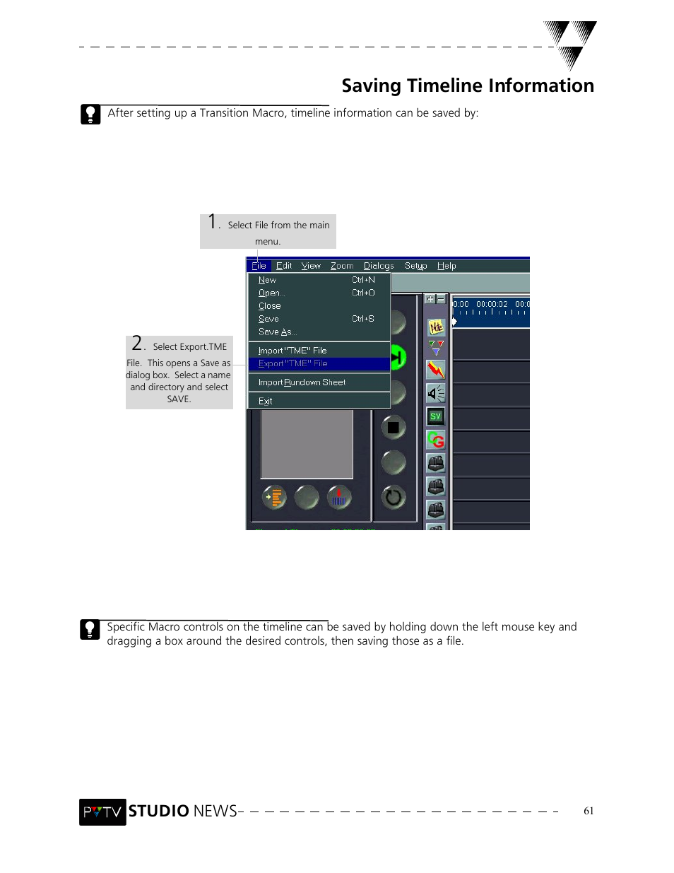 Saving timeline information, Studio news | Grass Valley PVTV NEWS Rev.4.02 User Manual | Page 65 / 96