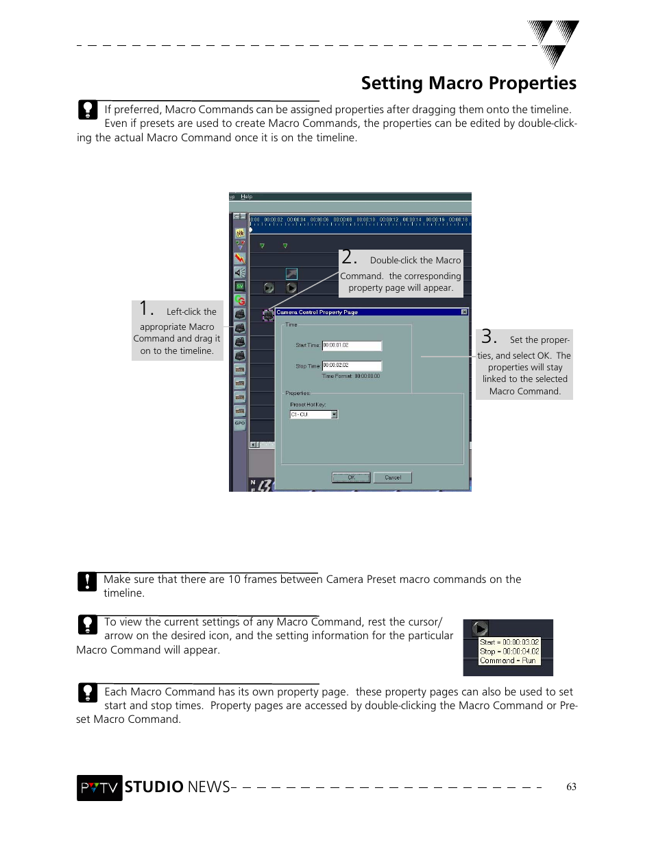 Setting macro properties, Studio news | Grass Valley PVTV NEWS Rev.4.02 User Manual | Page 67 / 96