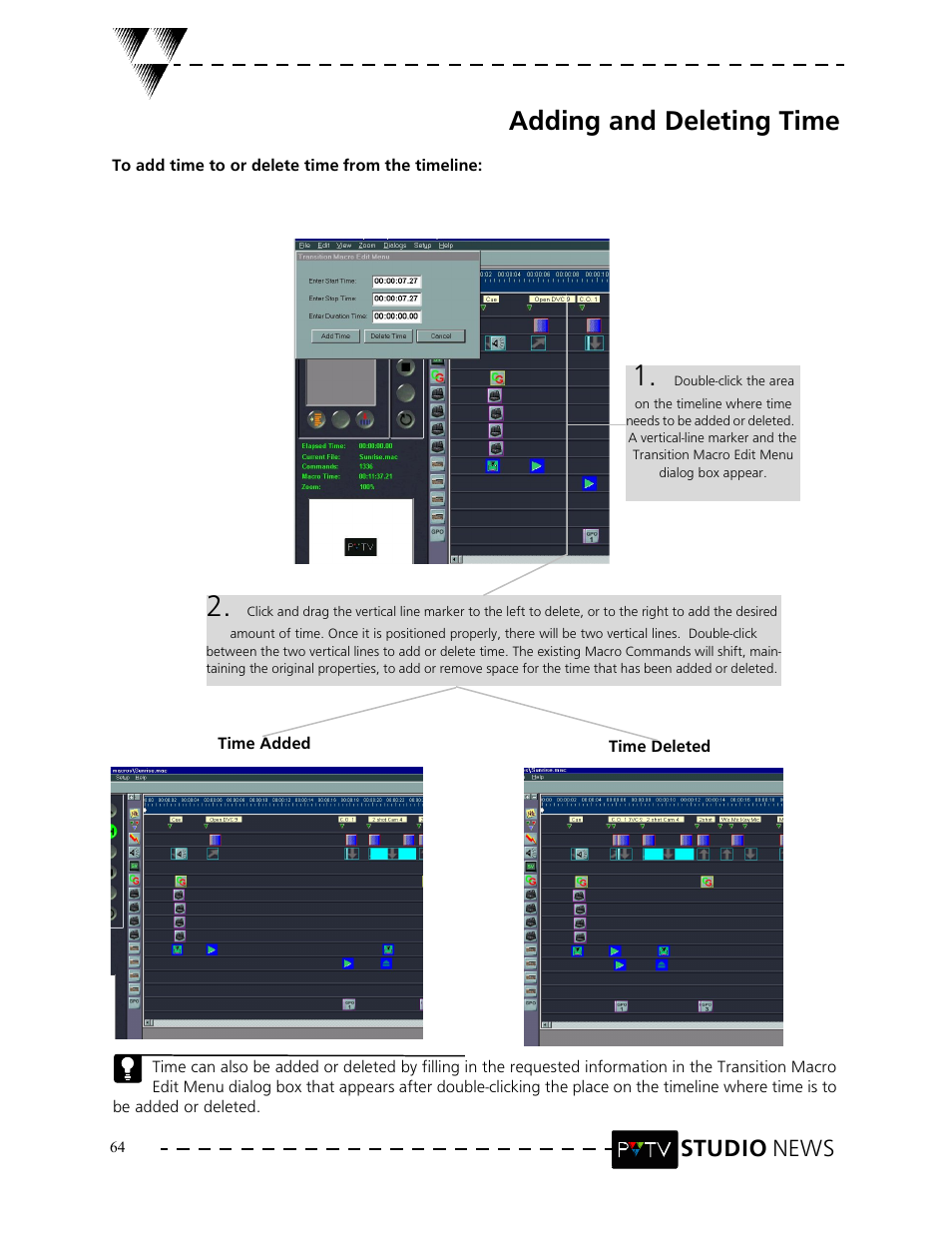 Adding and deleting time, Studio news | Grass Valley PVTV NEWS Rev.4.02 User Manual | Page 68 / 96