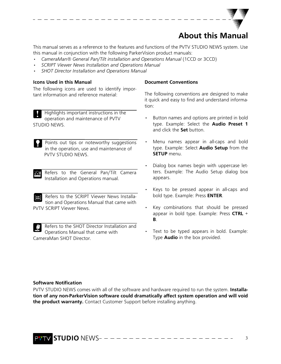 About this manual, Studio news | Grass Valley PVTV NEWS Rev.4.02 User Manual | Page 7 / 96