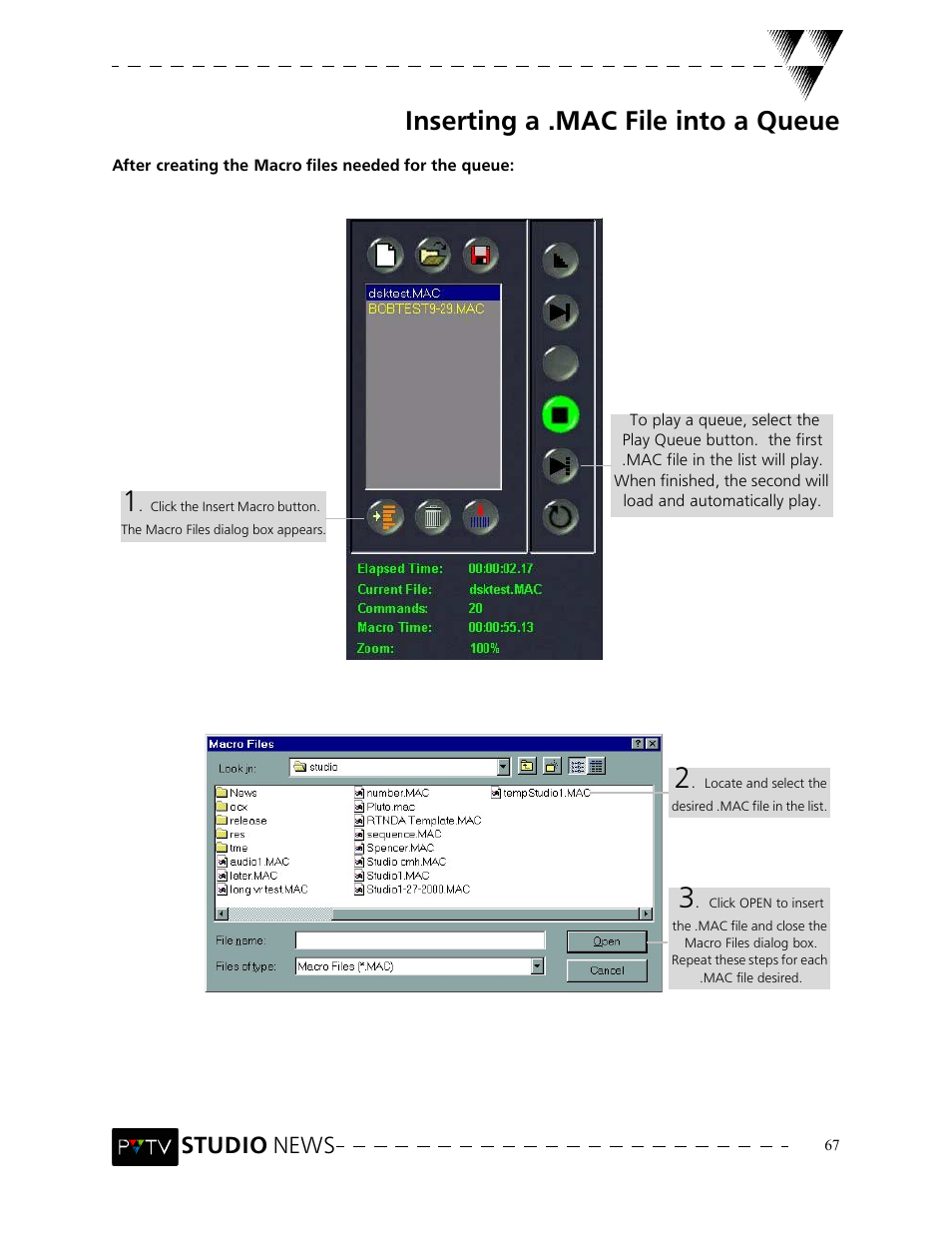 Inserting a .mac file into a queue, Studio news | Grass Valley PVTV NEWS Rev.4.02 User Manual | Page 71 / 96