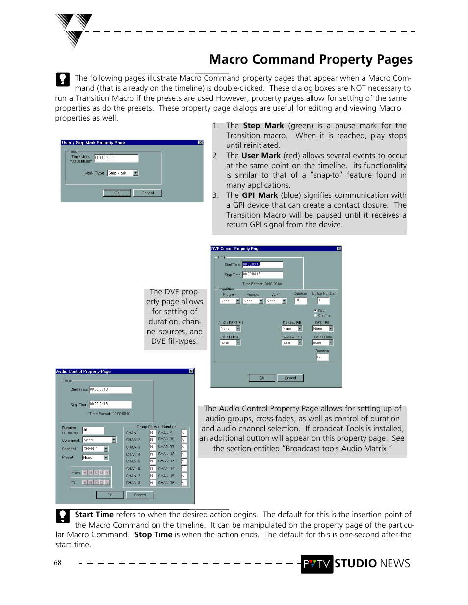 Macro command property pages, Studio news | Grass Valley PVTV NEWS Rev.4.02 User Manual | Page 72 / 96