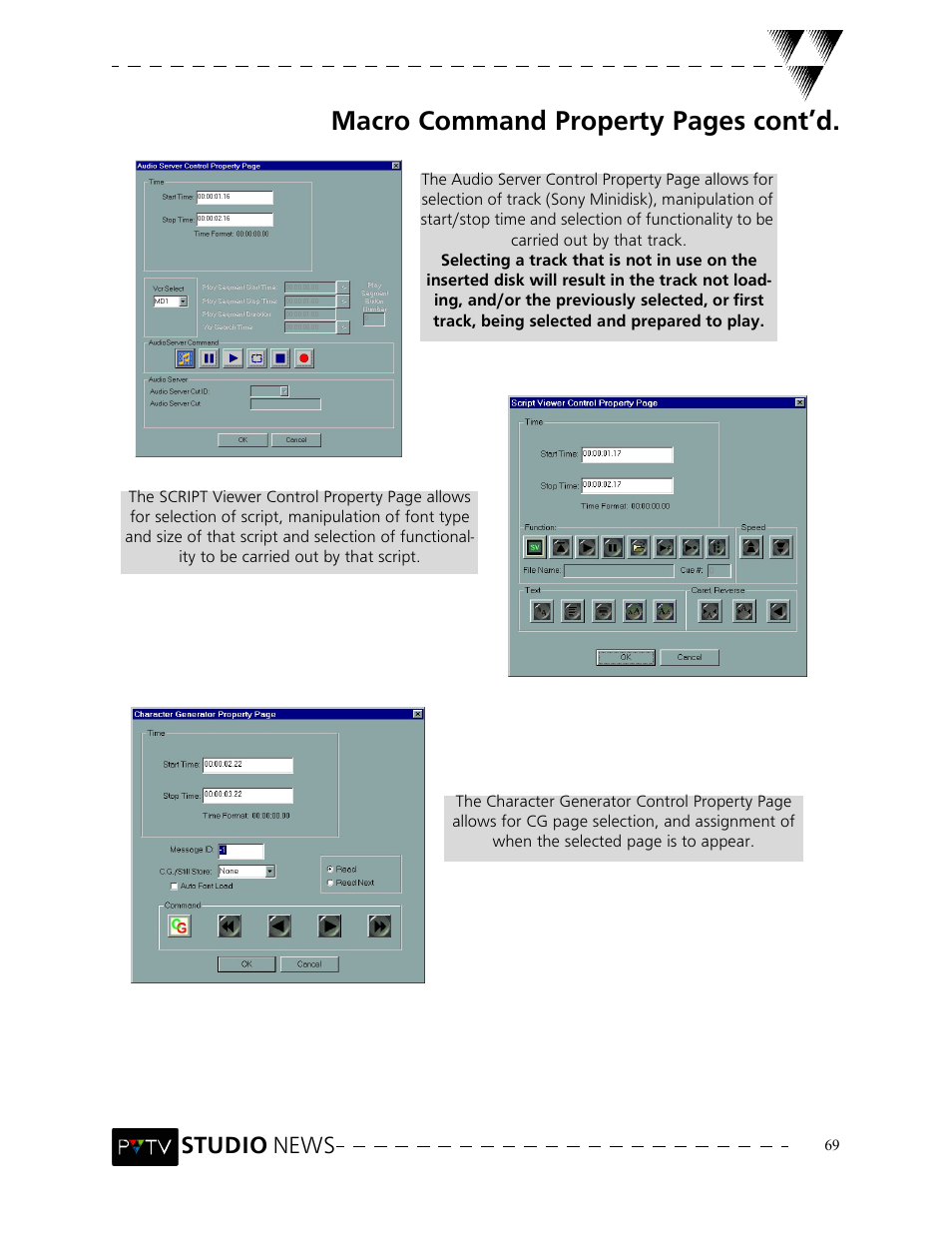 Macro command property pages cont’d, Studio news | Grass Valley PVTV NEWS Rev.4.02 User Manual | Page 73 / 96