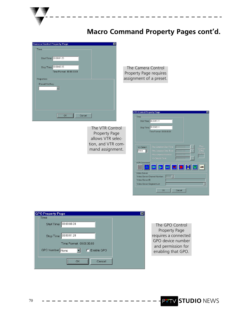 Macro command property pages cont’d, Studio news | Grass Valley PVTV NEWS Rev.4.02 User Manual | Page 74 / 96