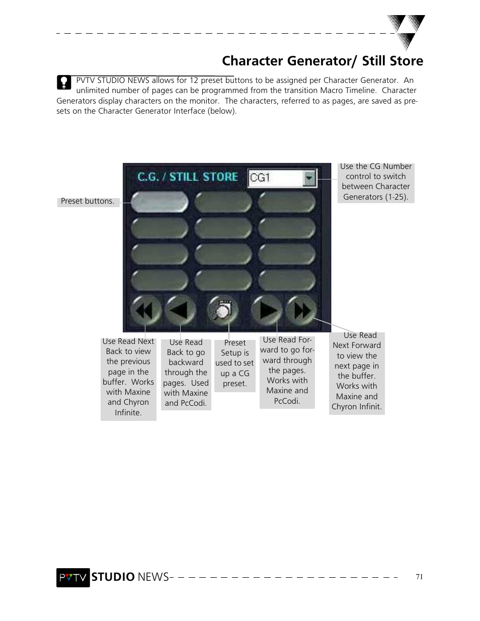 Character generator/ still store, Studio news | Grass Valley PVTV NEWS Rev.4.02 User Manual | Page 75 / 96