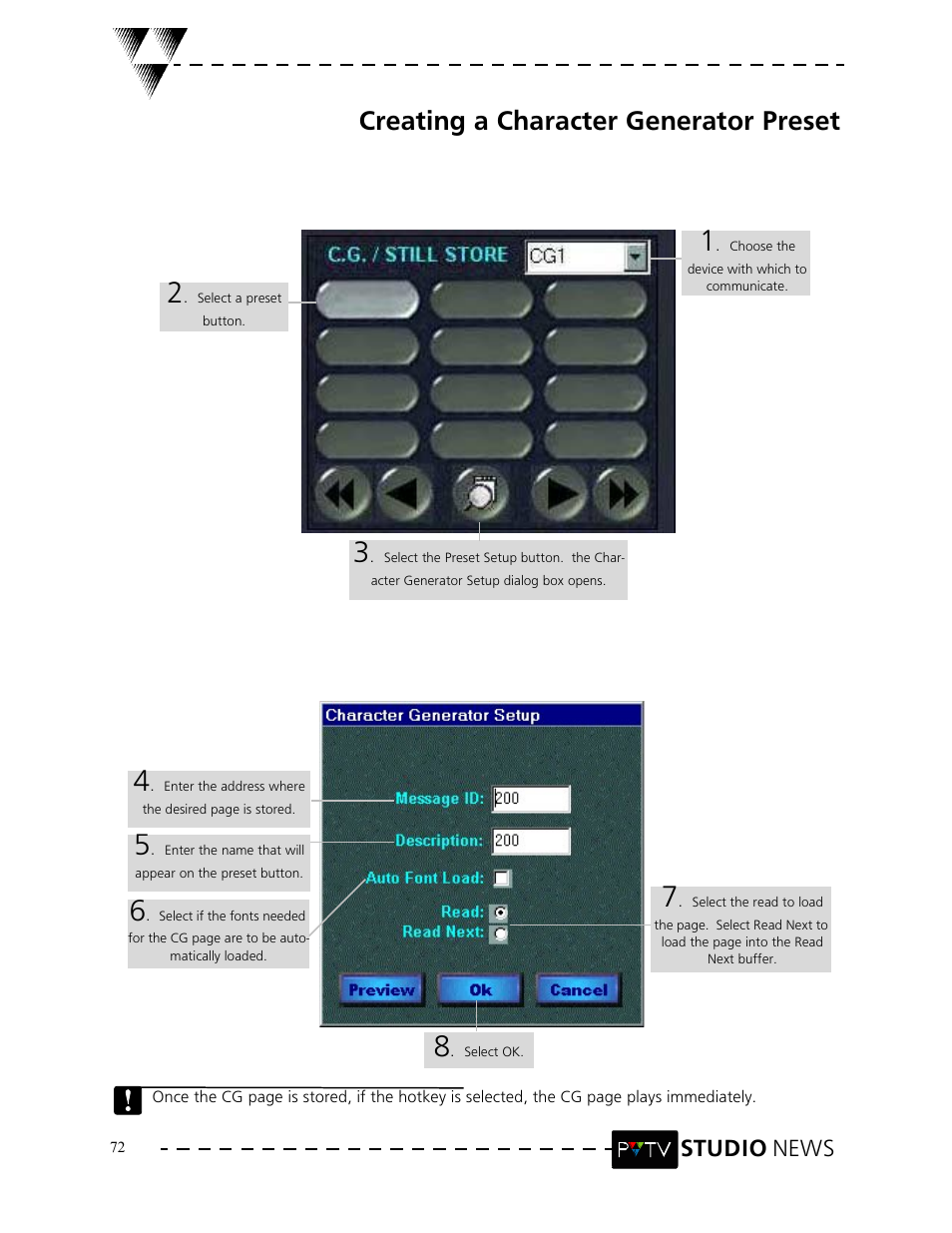 Creating a character generator preset, Studio news | Grass Valley PVTV NEWS Rev.4.02 User Manual | Page 76 / 96