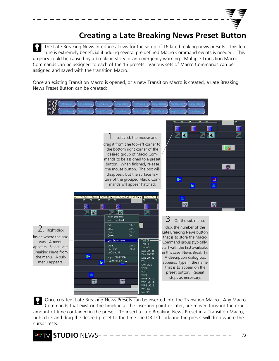 Creating a late breaking news preset button, Studio news | Grass Valley PVTV NEWS Rev.4.02 User Manual | Page 77 / 96