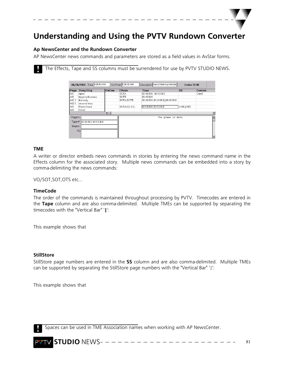 Understanding and using the pvtv rundown converter, Studio news | Grass Valley PVTV NEWS Rev.4.02 User Manual | Page 85 / 96