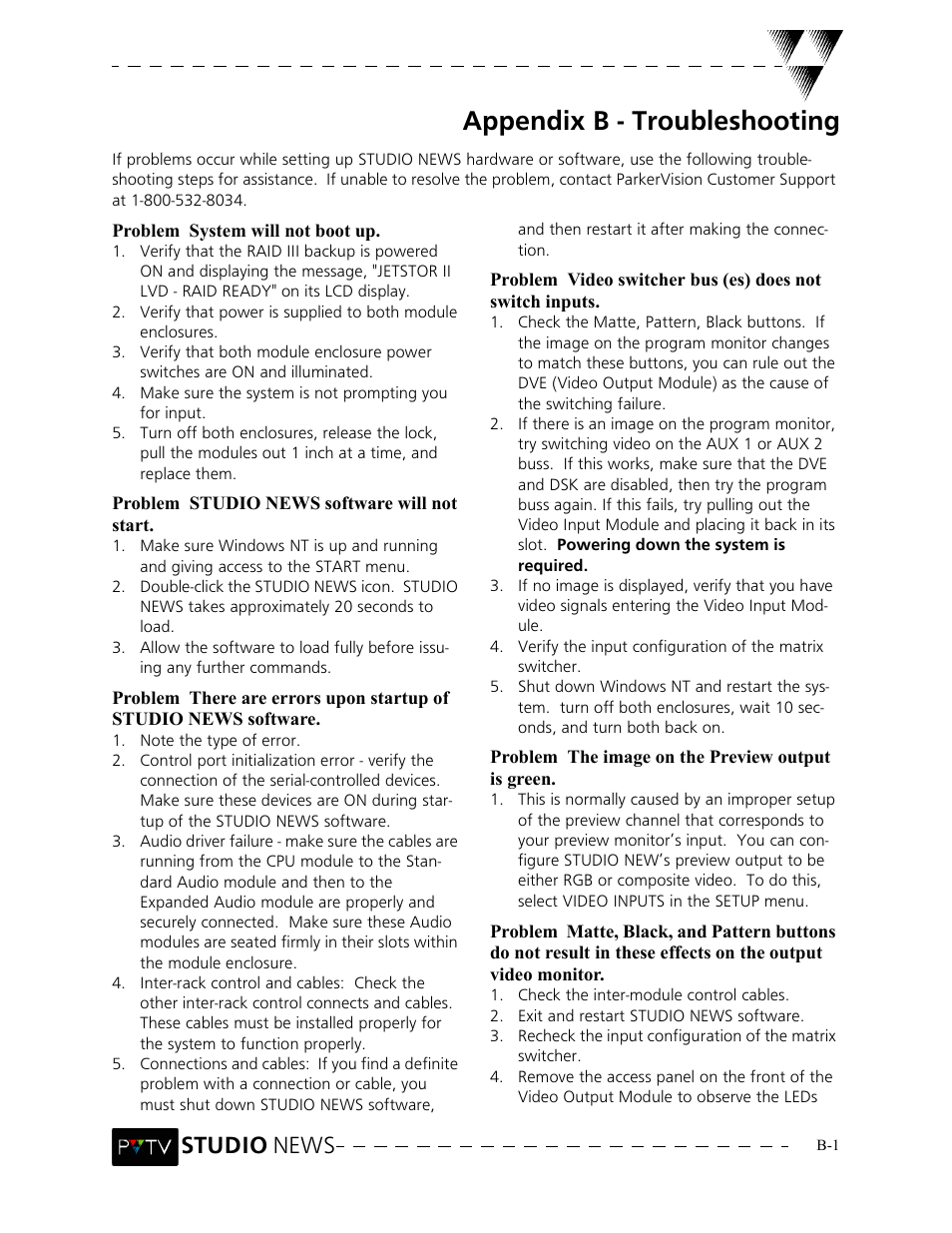 Appendix b - troubleshooting, Studio news | Grass Valley PVTV NEWS Rev.4.02 User Manual | Page 89 / 96