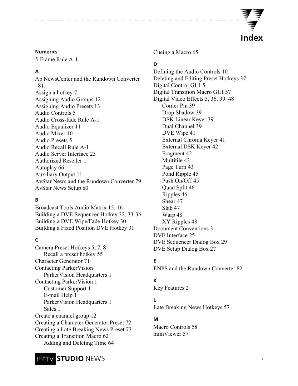 Index, Studio news | Grass Valley PVTV NEWS Rev.4.02 User Manual | Page 93 / 96