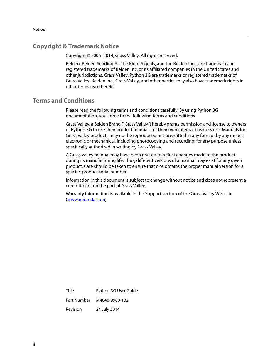 Copyright & trademark notice, Terms and conditions | Grass Valley Python 3G User Manual | Page 2 / 53