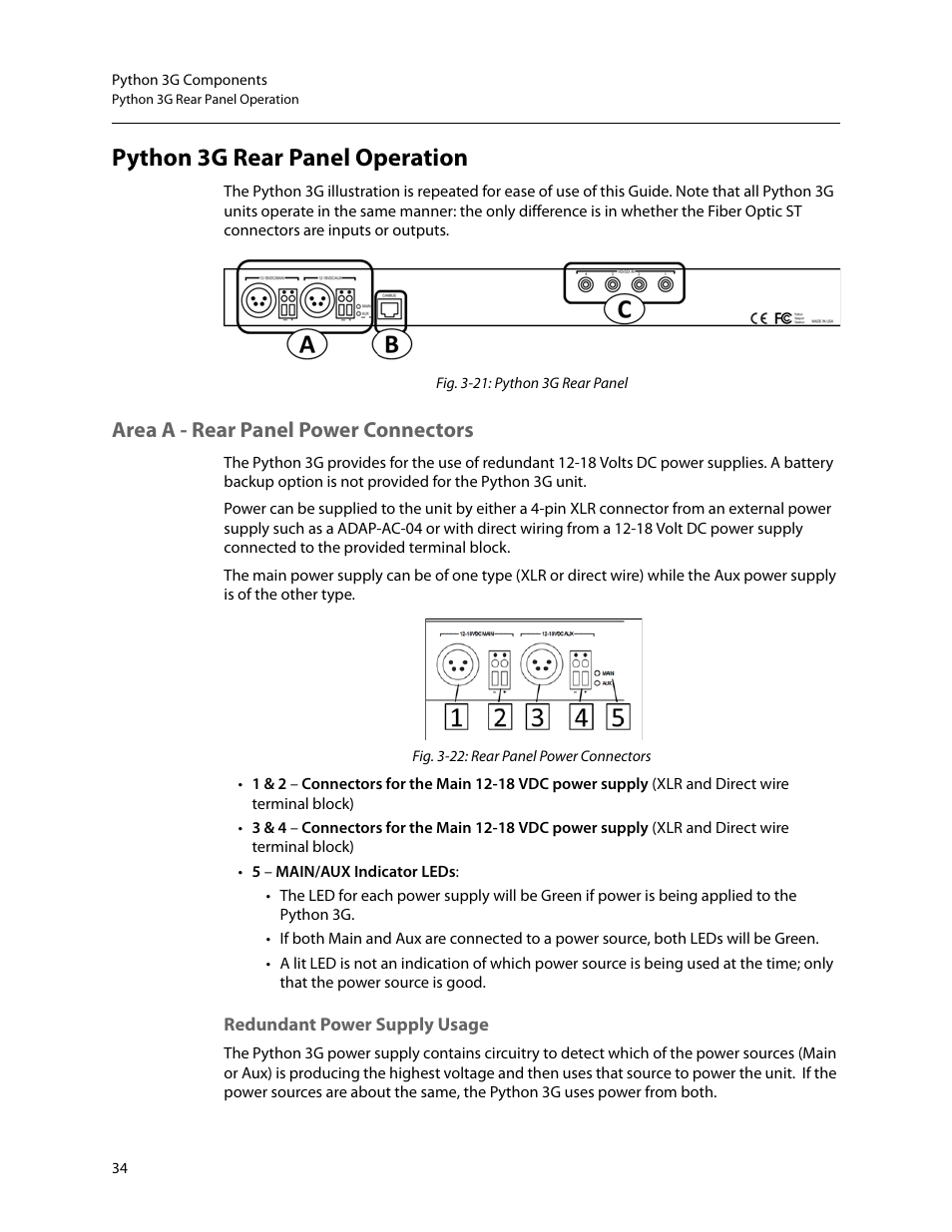 Python 3g rear panel operation, Area a - rear panel power connectors, Redundant power supply usage | Grass Valley Python 3G User Manual | Page 38 / 53