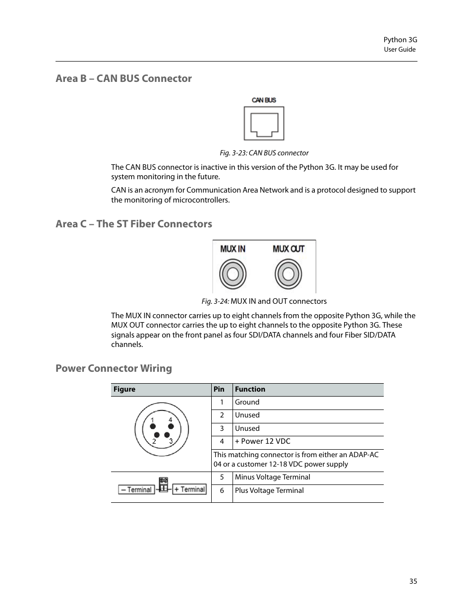 Area b – can bus connector, Area c – the st fiber connectors, Power connector wiring | Grass Valley Python 3G User Manual | Page 39 / 53