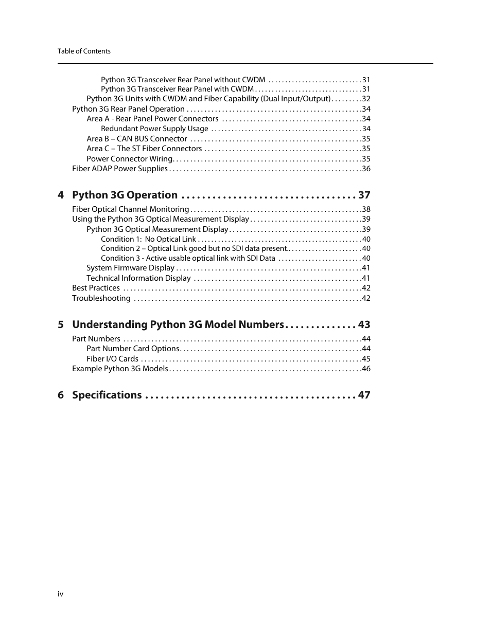 4 python 3g operation, 5 understanding python 3g model numbers, 6 specifications | Grass Valley Python 3G User Manual | Page 4 / 53