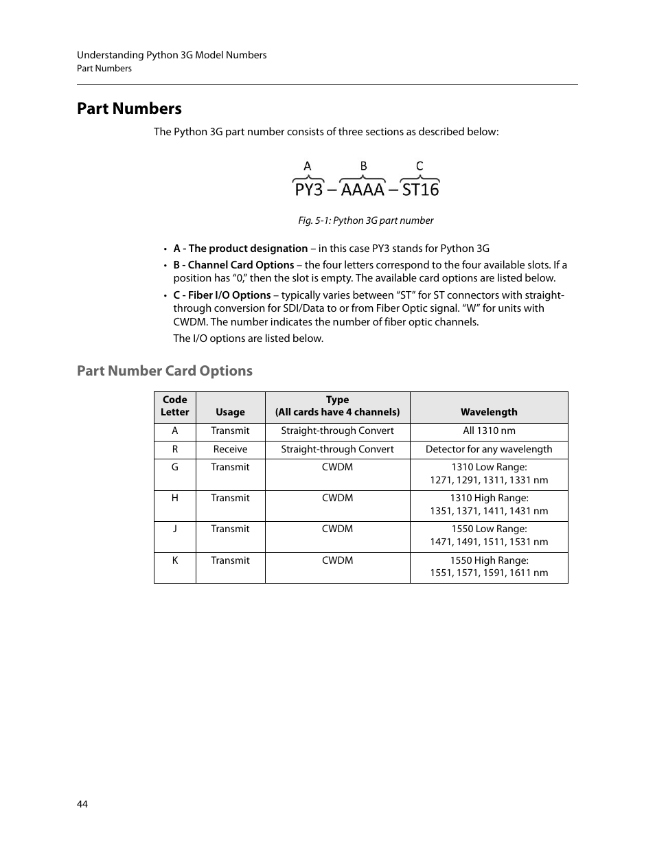 Part numbers, Part number card options | Grass Valley Python 3G User Manual | Page 48 / 53