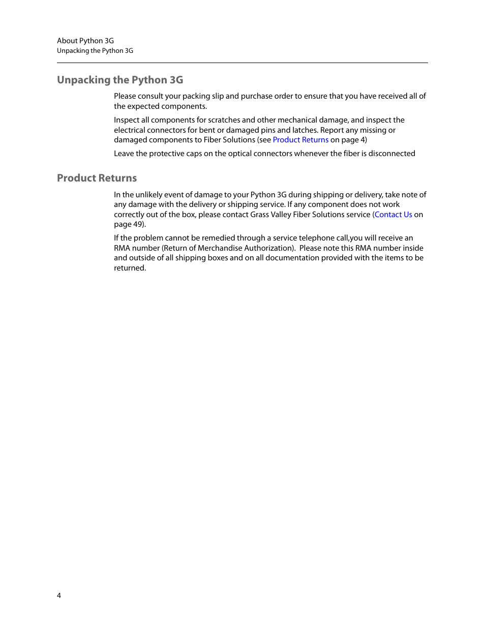 Unpacking the python 3g product returns, Unpacking the python 3g, Product returns | Grass Valley Python 3G User Manual | Page 8 / 53