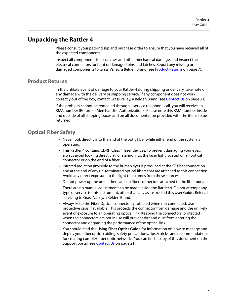 Unpacking the rattler 4, Product returns, Optical fiber safety | Product returns optical fiber safety | Grass Valley Rattler 4 Feb 24 2015 User Manual | Page 11 / 25