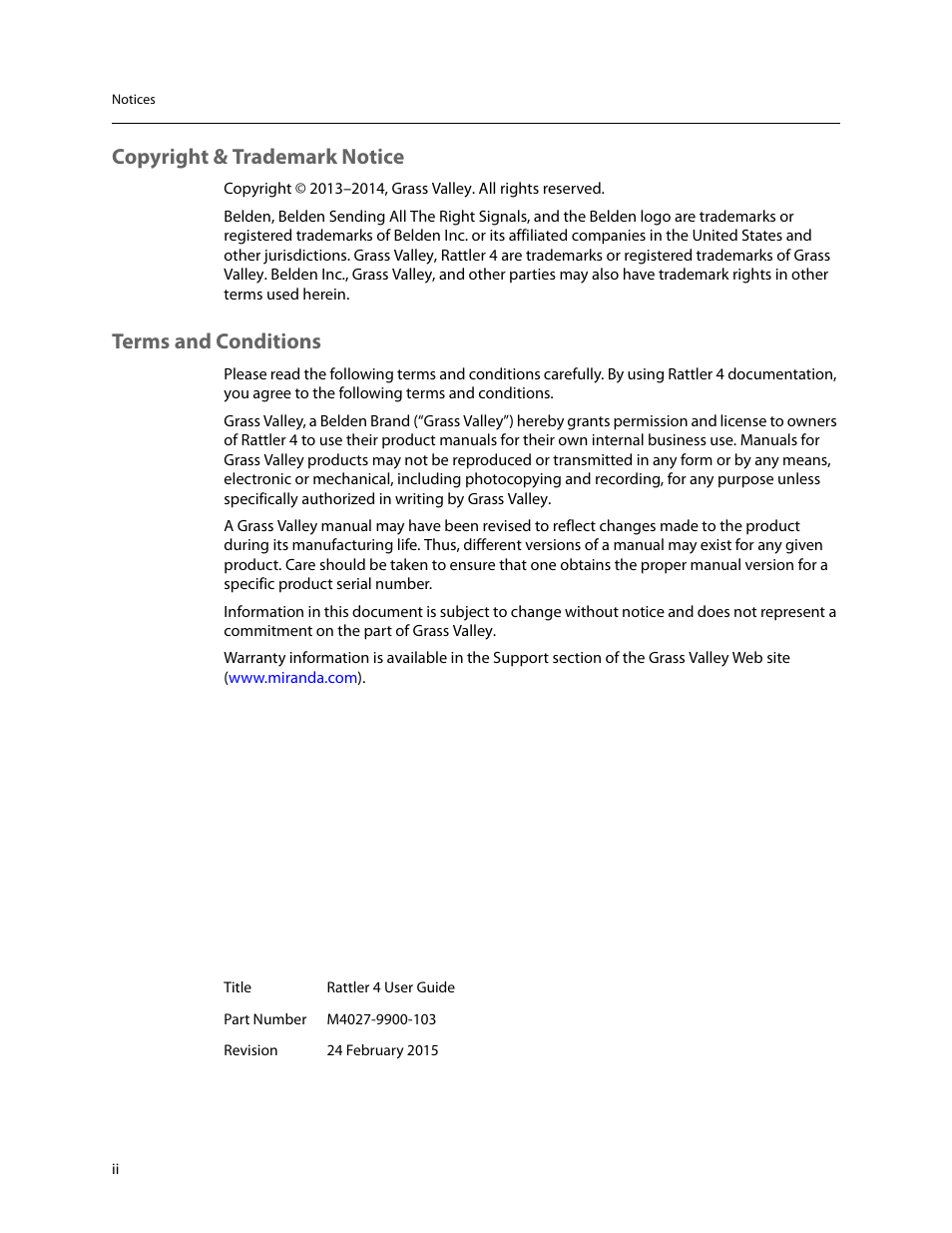Copyright & trademark notice, Terms and conditions | Grass Valley Rattler 4 Feb 24 2015 User Manual | Page 2 / 25