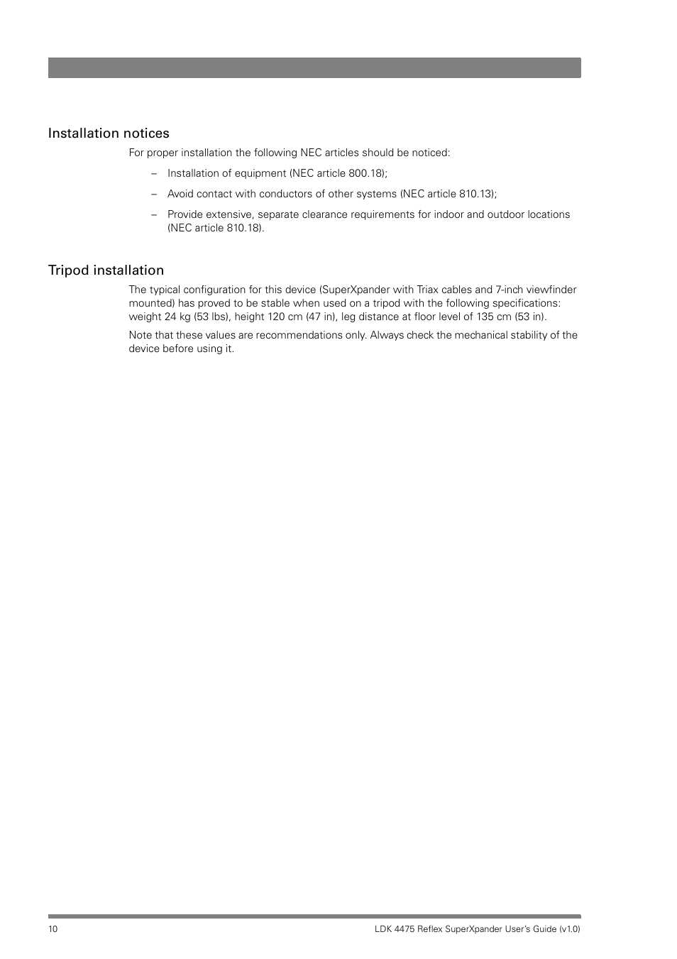 Installation notices, Tripod installation | Grass Valley LDK 4475 Reflex SuperXpander User Manual | Page 10 / 30