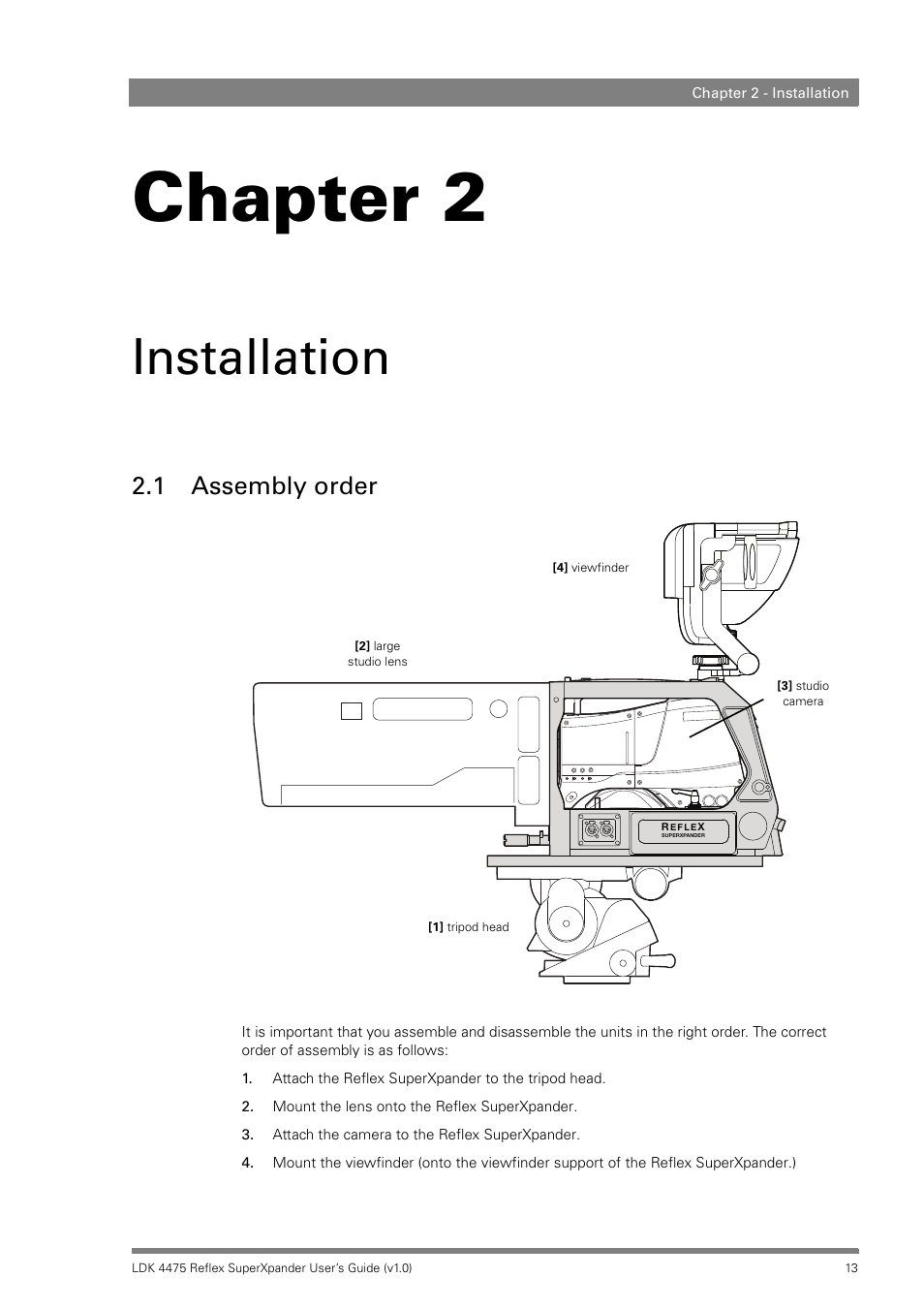 Installation, 1 assembly order, Chapter 2 – installation | Assembly order, Chapter 2 | Grass Valley LDK 4475 Reflex SuperXpander User Manual | Page 13 / 30