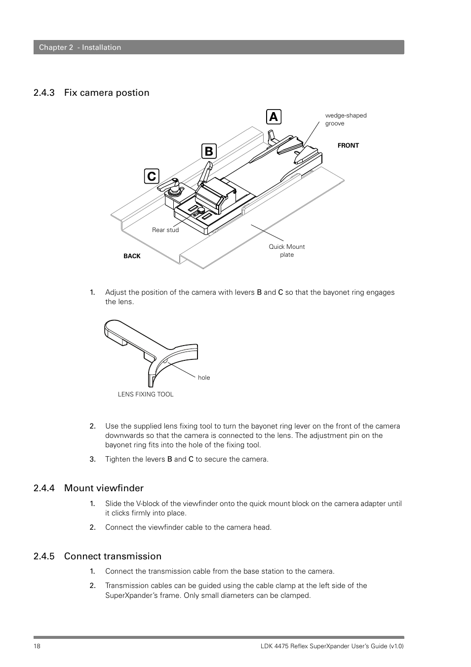 3 fix camera postion, 4 mount viewfinder, 5 connect transmission | Fix camera postion, Mount viewfinder, Connect transmission | Grass Valley LDK 4475 Reflex SuperXpander User Manual | Page 18 / 30