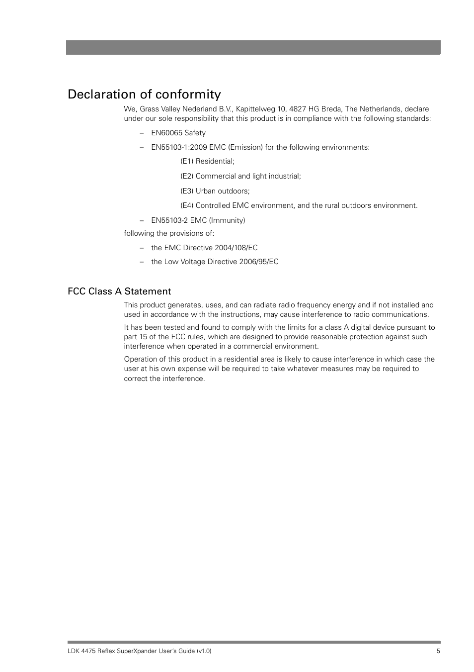 Declaration of conformity, Fcc class a statement | Grass Valley LDK 4475 Reflex SuperXpander User Manual | Page 5 / 30