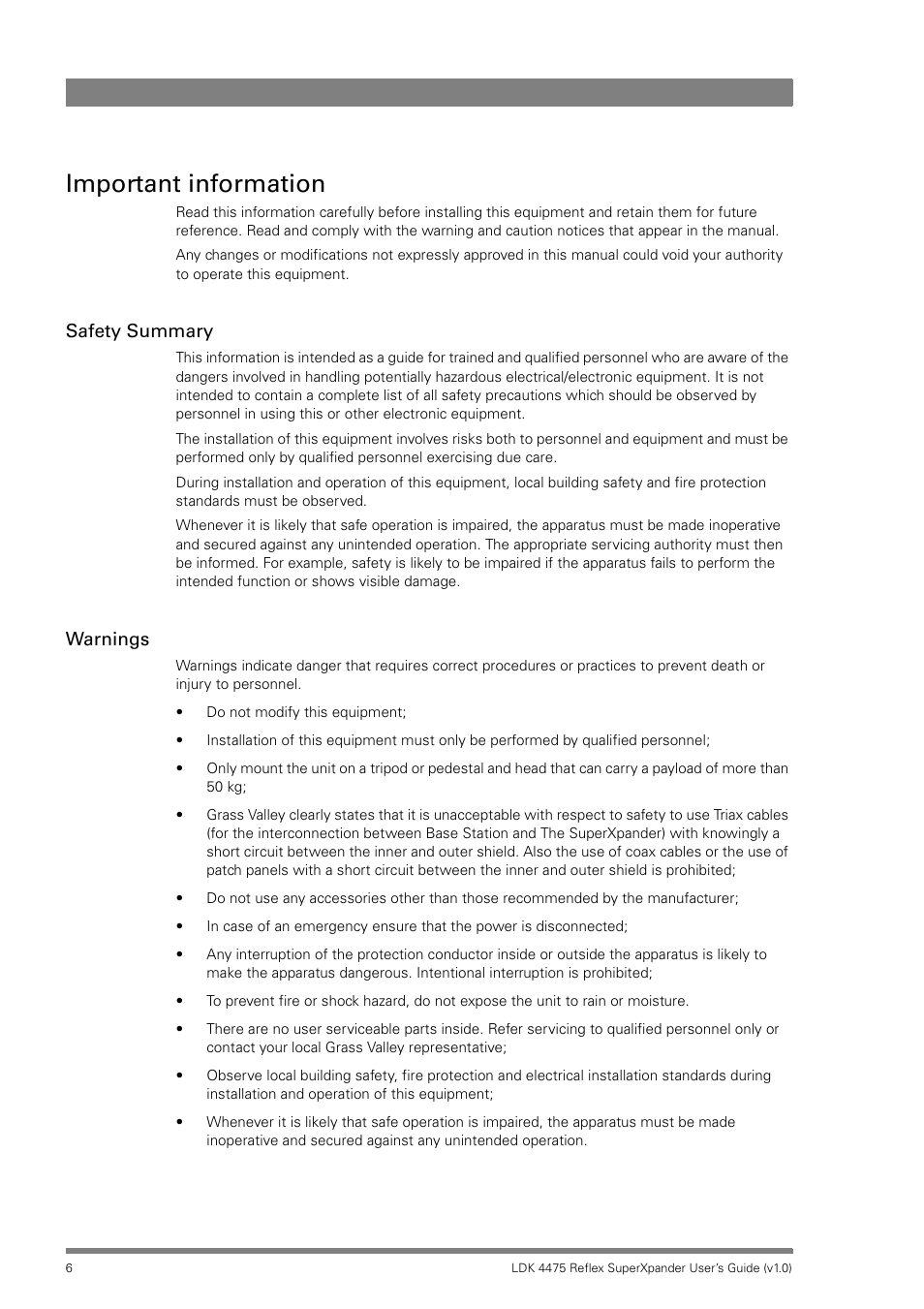 Important information, Safety summary, Warnings | Grass Valley LDK 4475 Reflex SuperXpander User Manual | Page 6 / 30