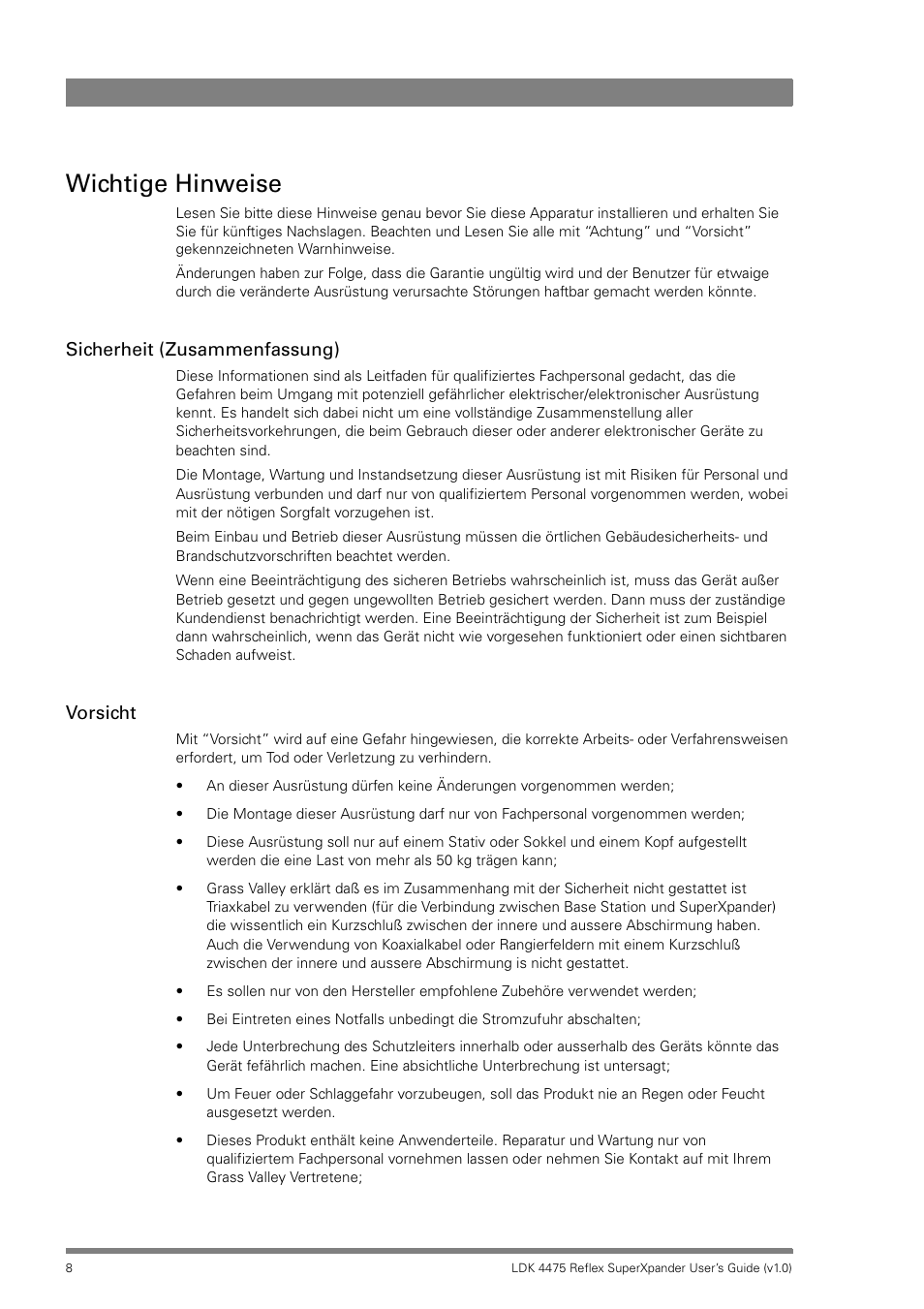 Wichtige hinweise, Sicherheit (zusammenfassung), Vorsicht | Grass Valley LDK 4475 Reflex SuperXpander User Manual | Page 8 / 30