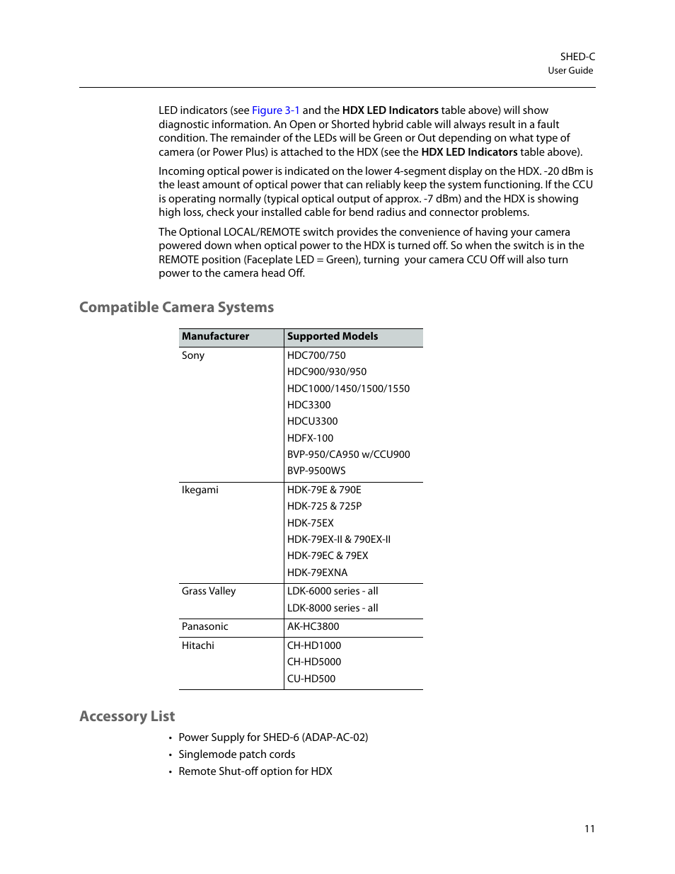 Accessory list, Compatible camera systems, Compatible camera systems accessory list | Grass Valley SHED Jan 16 2015 User Manual | Page 15 / 25