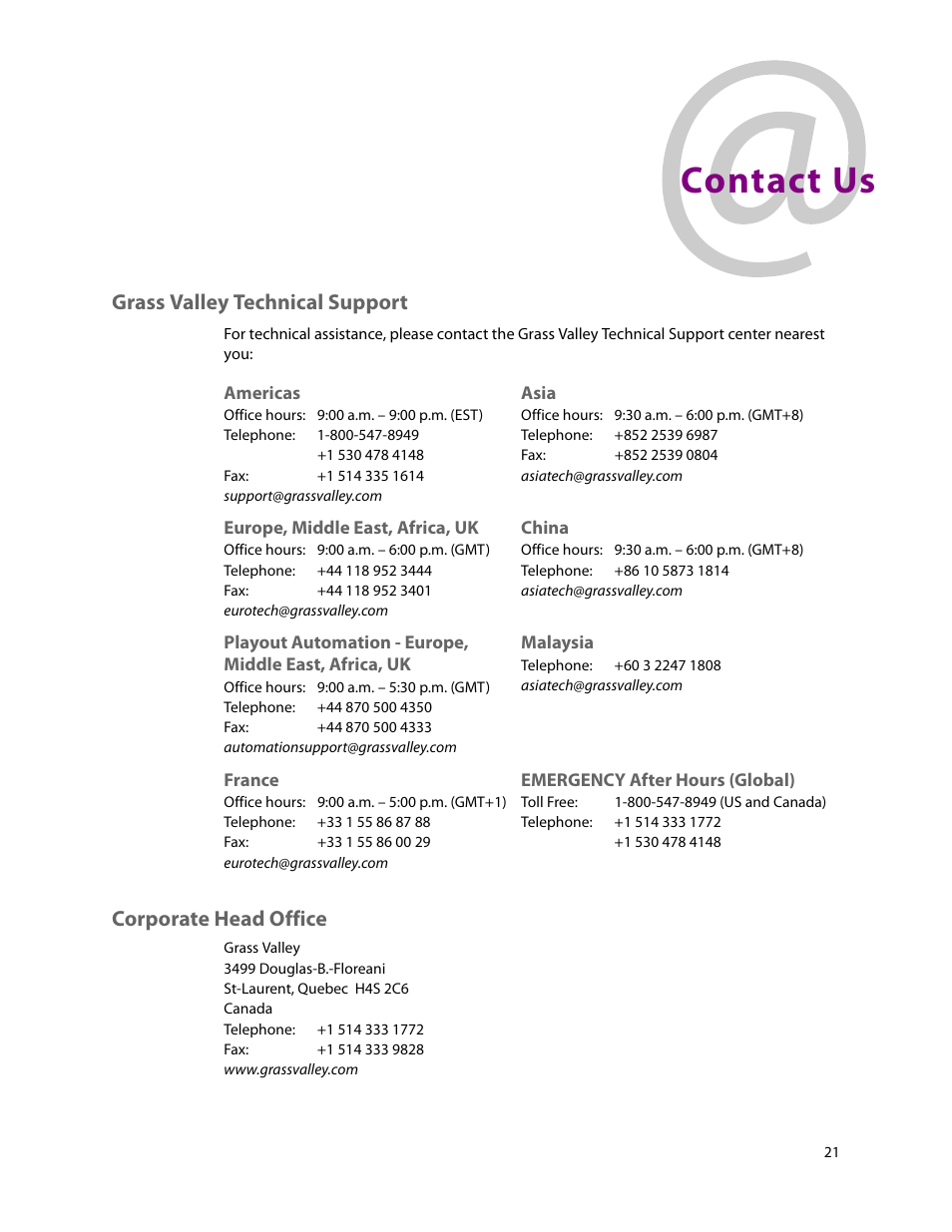 Contact us, Lley (see, Grass valley technical support | Corporate head office | Grass Valley SHED Jan 16 2015 User Manual | Page 25 / 25