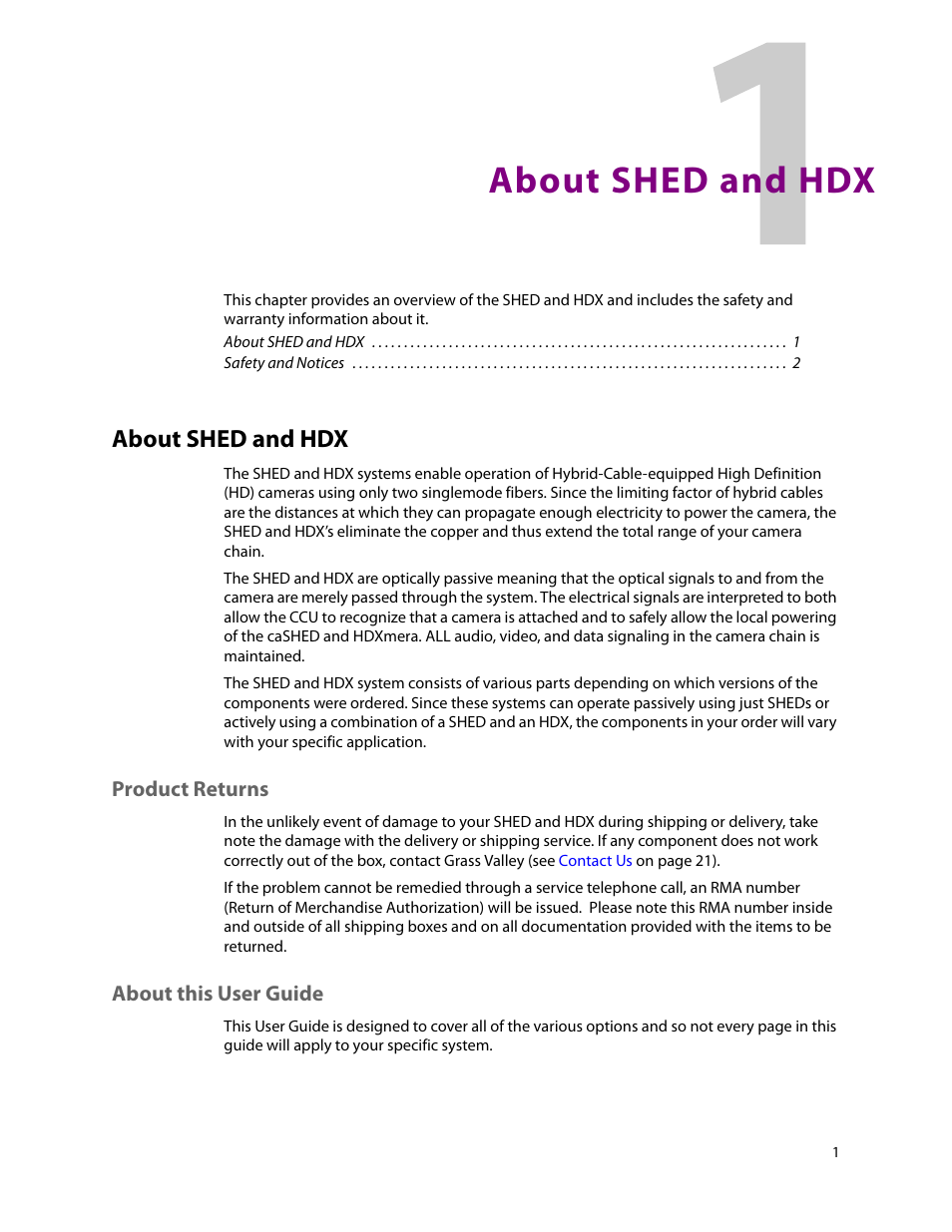 About shed and hdx, Product returns, About this user guide | 1 about shed and hdx, Product returns about this user guide | Grass Valley SHED Jan 16 2015 User Manual | Page 5 / 25