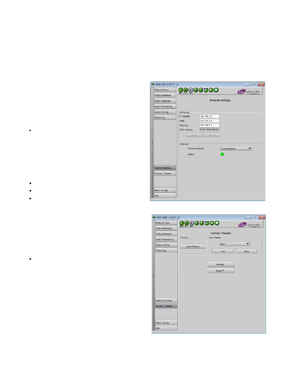 8 network settings panel, 9 factory/presets panel, Network settings panel | Factory/presets panel | Grass Valley SME-1901 v.1.20 User Manual | Page 23 / 37