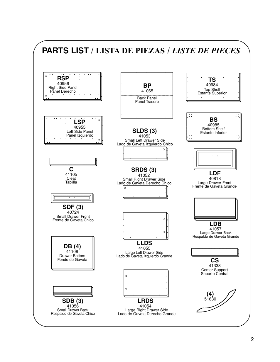Parts list / lista de piezas / liste de pieces, Db (4), Slds (3) | Srds (3), Llds, Lrds, Sdb (3), Sdf (3) | Closet Maid 12322 User Manual | Page 2 / 12