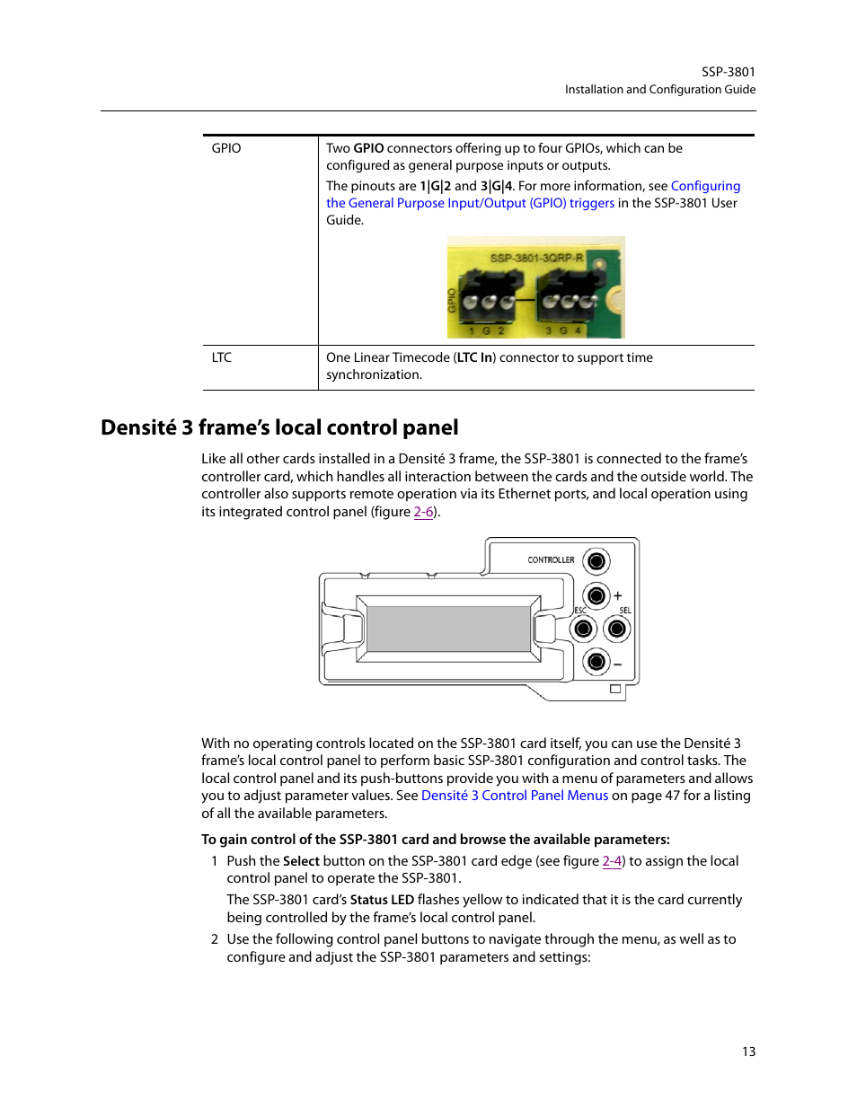 Densité 3 frame’s local control panel | Grass Valley SSP-3801 Installation v.1.3 User Manual | Page 17 / 57